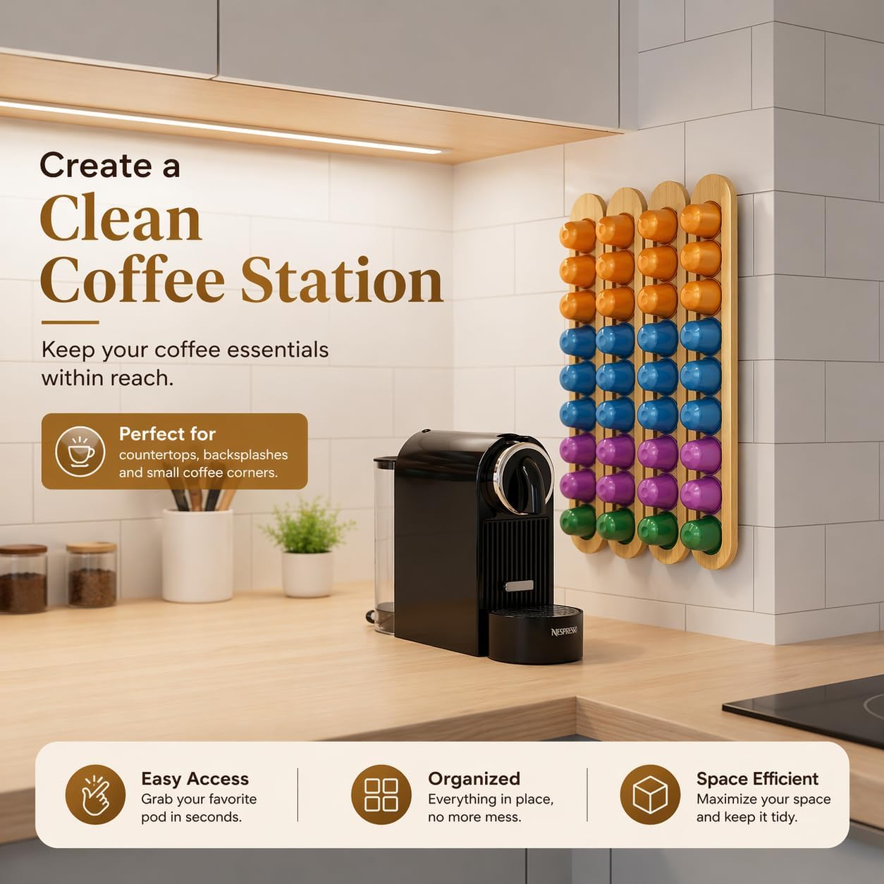 Bamboo Coffee Pod Holder, Adhesive Wall Mount (No Drilling) for Cabinet Door, 36-Capsule Storage (Set of 4) — Vertical/Horizontal — Compatible with Nespresso Original Line-Bamboo Brown