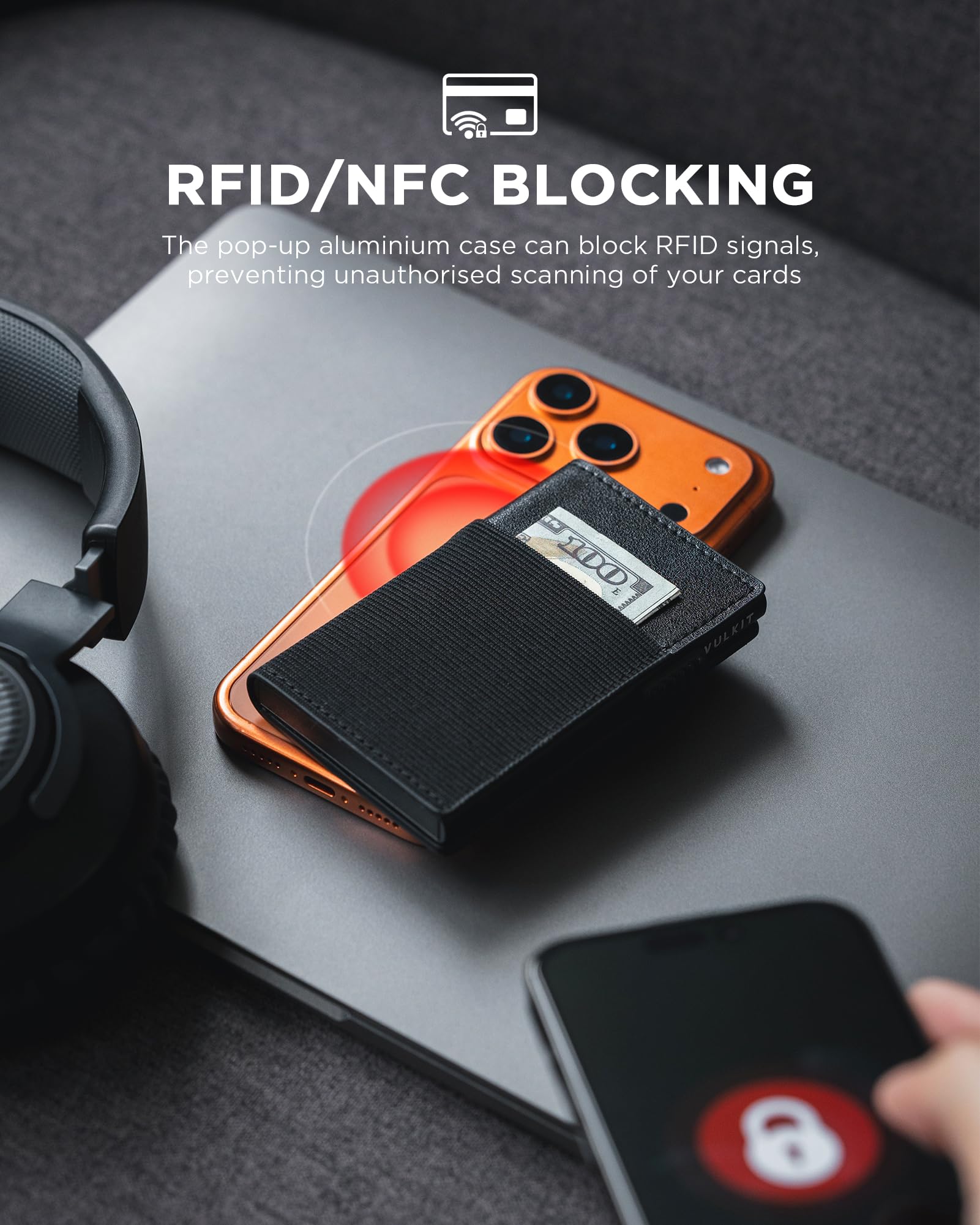 VULKIT Etui na karty męskie i damskie etui na karty blokujące RFID Portfel na karty męskie z zamknięciem magnetycznym, Czarny (Black), Minimalistyczny