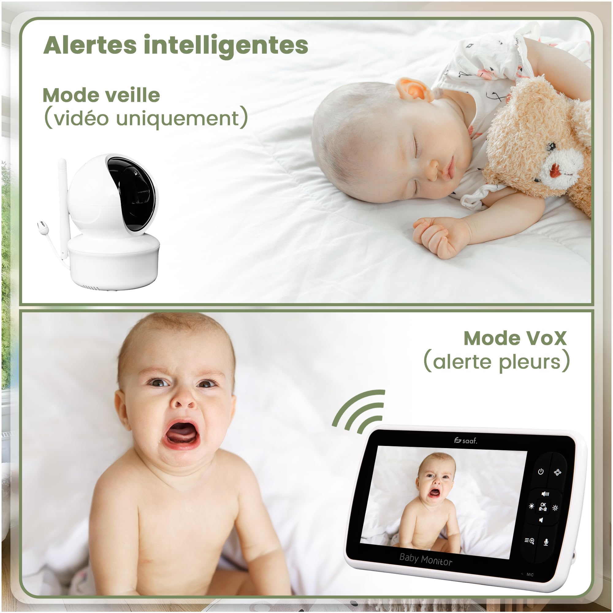 saaf Babyphone avec Caméra et Écran 5” – Caméra Orientable et Pivotante avec Fonction Zoom – Fonction Parler & Vision Nocturne – Berceuses Intégrées – Luminosité Réglable – Support Flexible Inclus