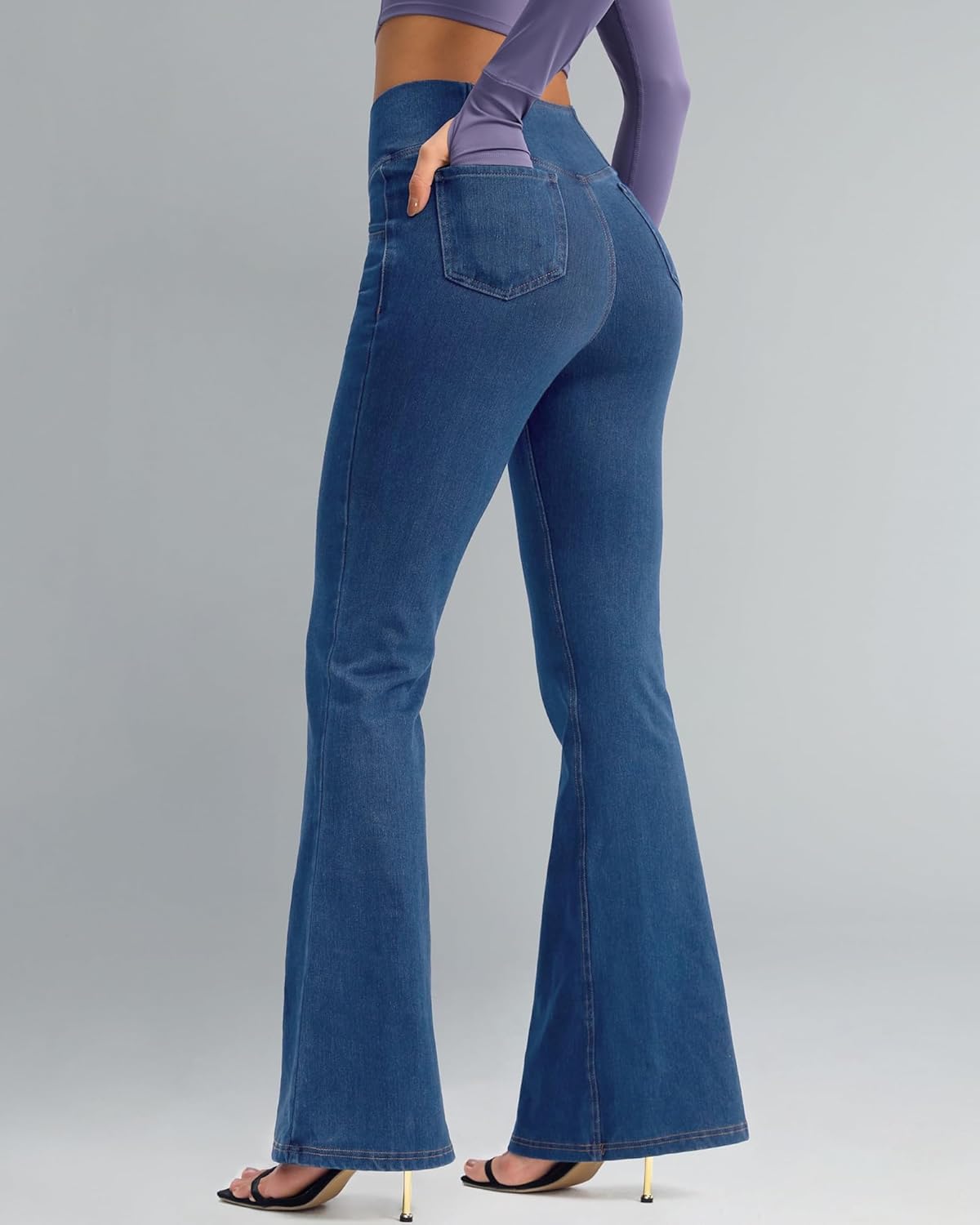 Womens High Waisted Flare Jean Leggings Bell Bottom Jeans for Women Knit Crossover Stretchy Bootcut Jeans. - Image 2