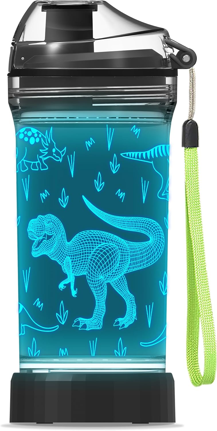 YuanDian Dinosaur Water Bottle, Light Up Boy Drinking Cups with 3D Dinosaur Night Light- 14 OZ Tritan BPA Free Eco-Friendly – Cool Jurassic Merchandise Gift for School Kids Boy Girl