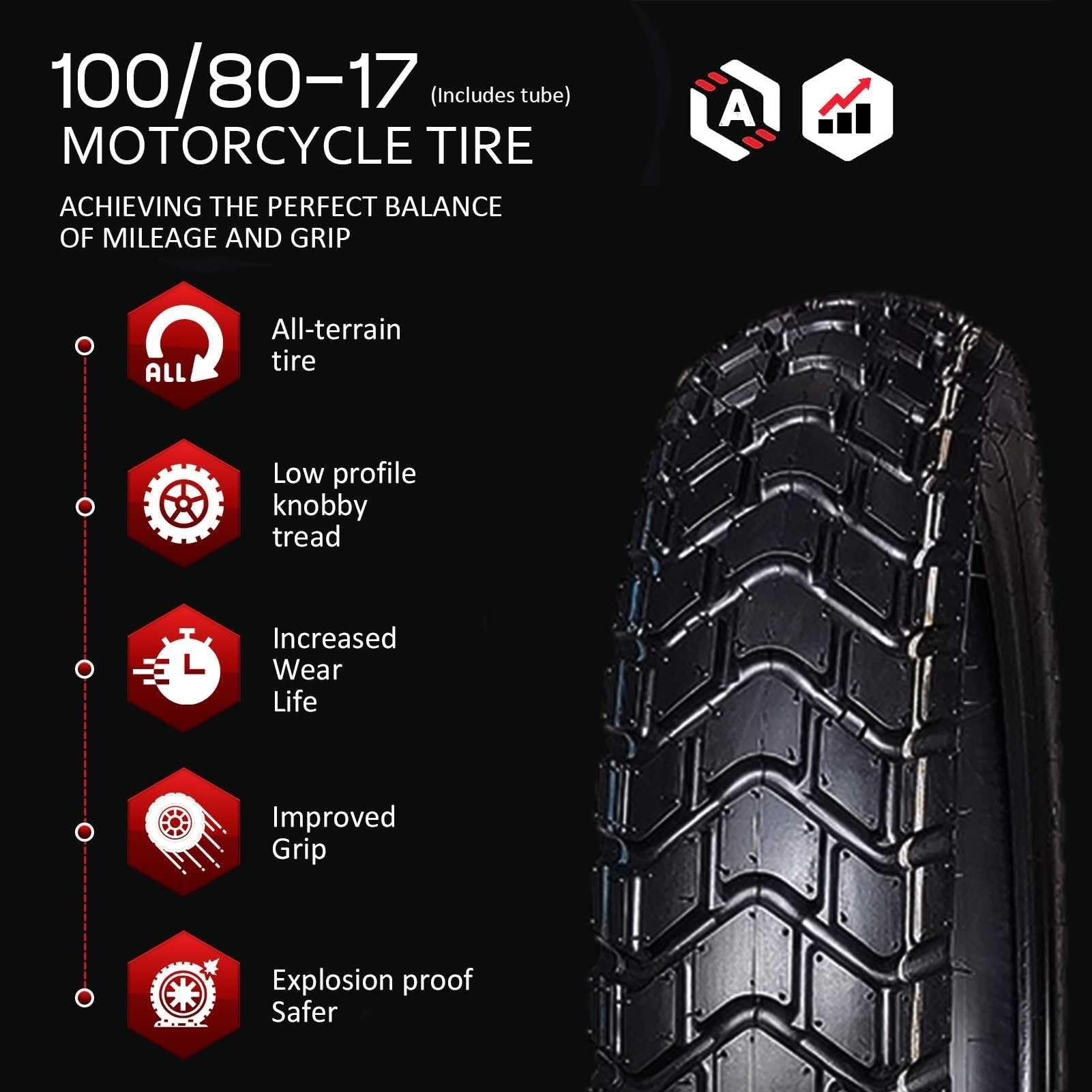 100/80-17 Pneumatico e Camera d'Aria, 100 80 17 Pneu Fuoristrada con Basso Profilo, Gomma Resistente per Scooter, Pit Bike, Mini Moto