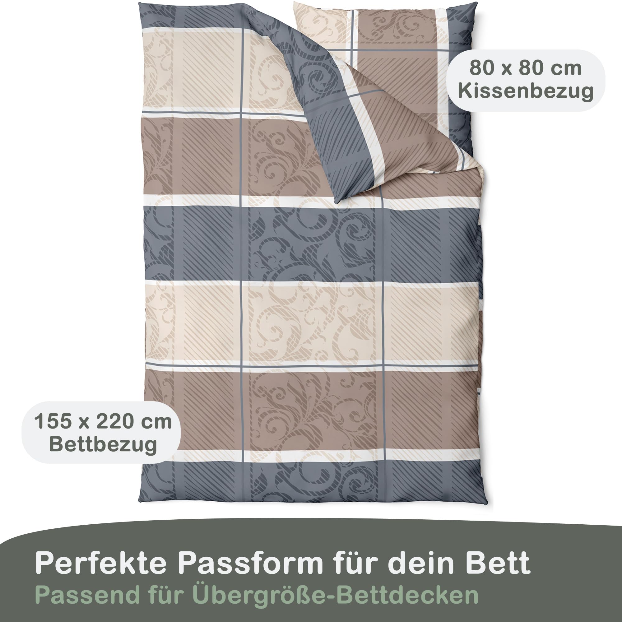 LINKHOFF Biancheria da letto in flanella, 155 x 220 cm, 2 pezzi, motivo Paisley, in flanella, colore beige, 100% cotone, federa 80 x 80 cm + copripiumino 155 x 220 cm