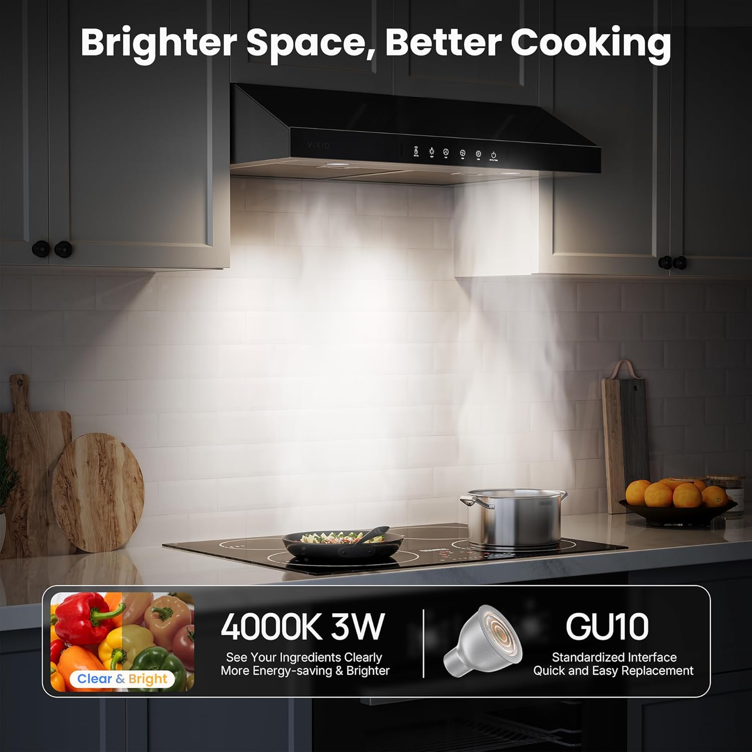 The range hood's LED lights illuminating a stovetop, with an inset showing a GU10 bulb and its specifications.