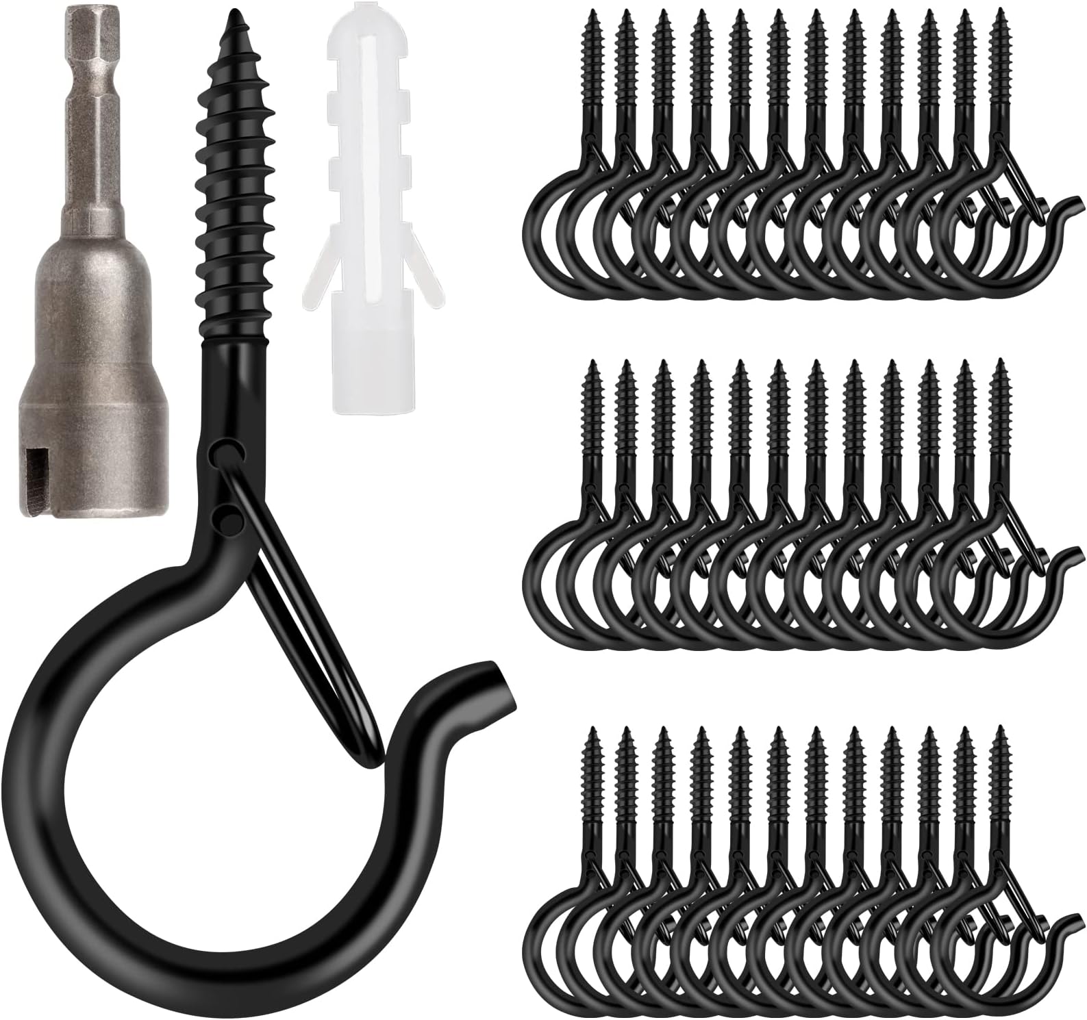 48 PCS Q-Hanger Hooks, Screw Hooks for Outdoor String Lights, Safety Buckle Design Cup Eye Hook for Hanging Christmas Lights, Plants, Wind Chimes, Mounted on Wall Ceiling, Include 1 Wing Nut Driver