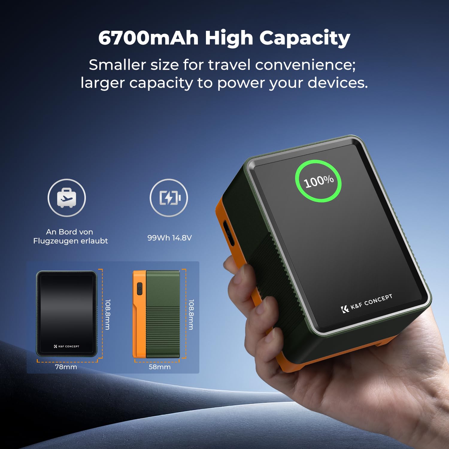 K&F CONCEPT 99Wh Batteria V Mount con 100W Ricarica Rapida PD, 14,8V/6700mAh Mini Batteria V Lock con DC/D-Tap/Doppia USB-C/USB-A/Schermo TFT per Fotocamera, Videocamera, Monitor (Arancione)