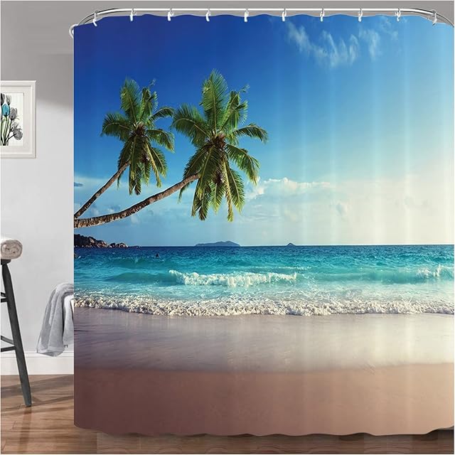 NiCoLa Waterproof Shower Curtains 3D Beach Shower Curtain with 12 Hooks, Washable Bathroom Curtains, Polyester Fabric Bath Curtain for Bath Tub and Shower Stall 72 * 78 Inch (180 x 200 cm, Blue)