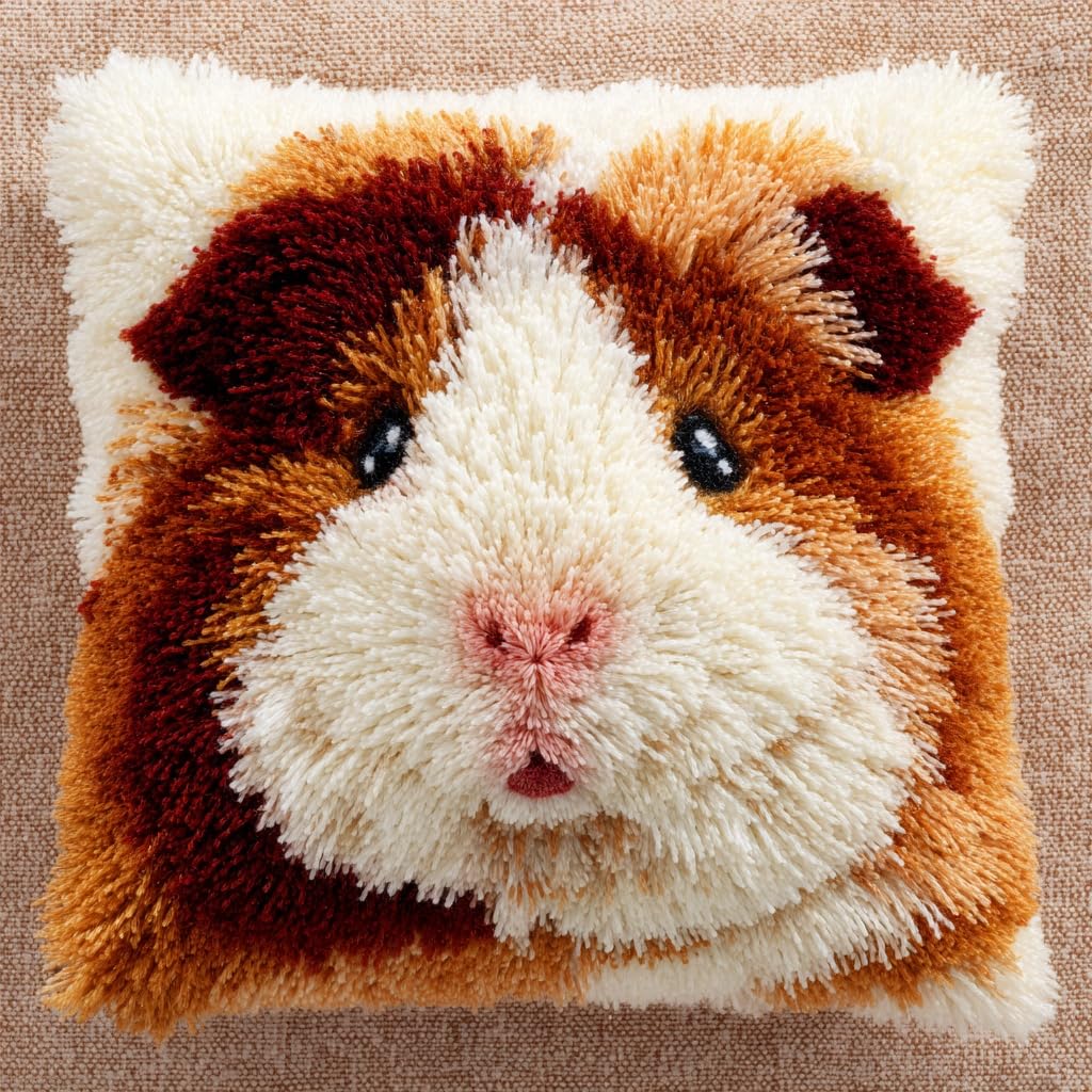 WallustrioaW DIY Latch Hook Cushion Kits, Animal Guinea Pig Latch Hook Kits DIY Throw Pillow Cover Craft Kits Embroidery Kits with Printed Canvas,43x43cm