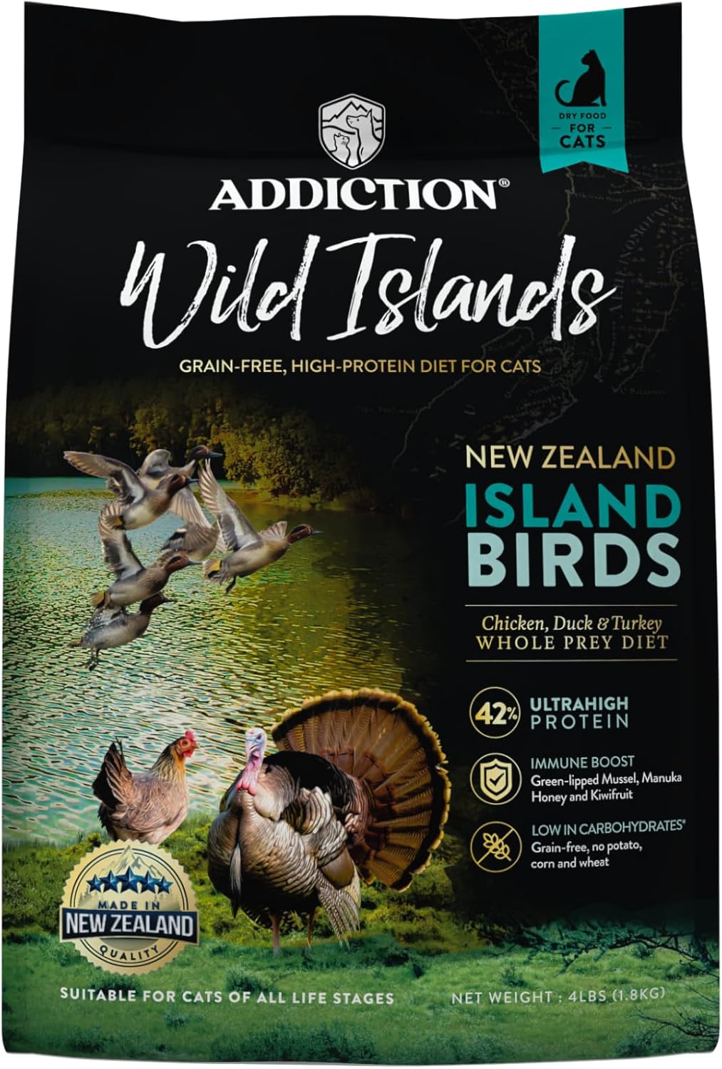Addiction Wild Islands Island Bird Dry Cat Food, Premium Duck, Turkey & Chicken Recipe with High-Protein & Grain-Free Formula for Feline Health - 4lbs