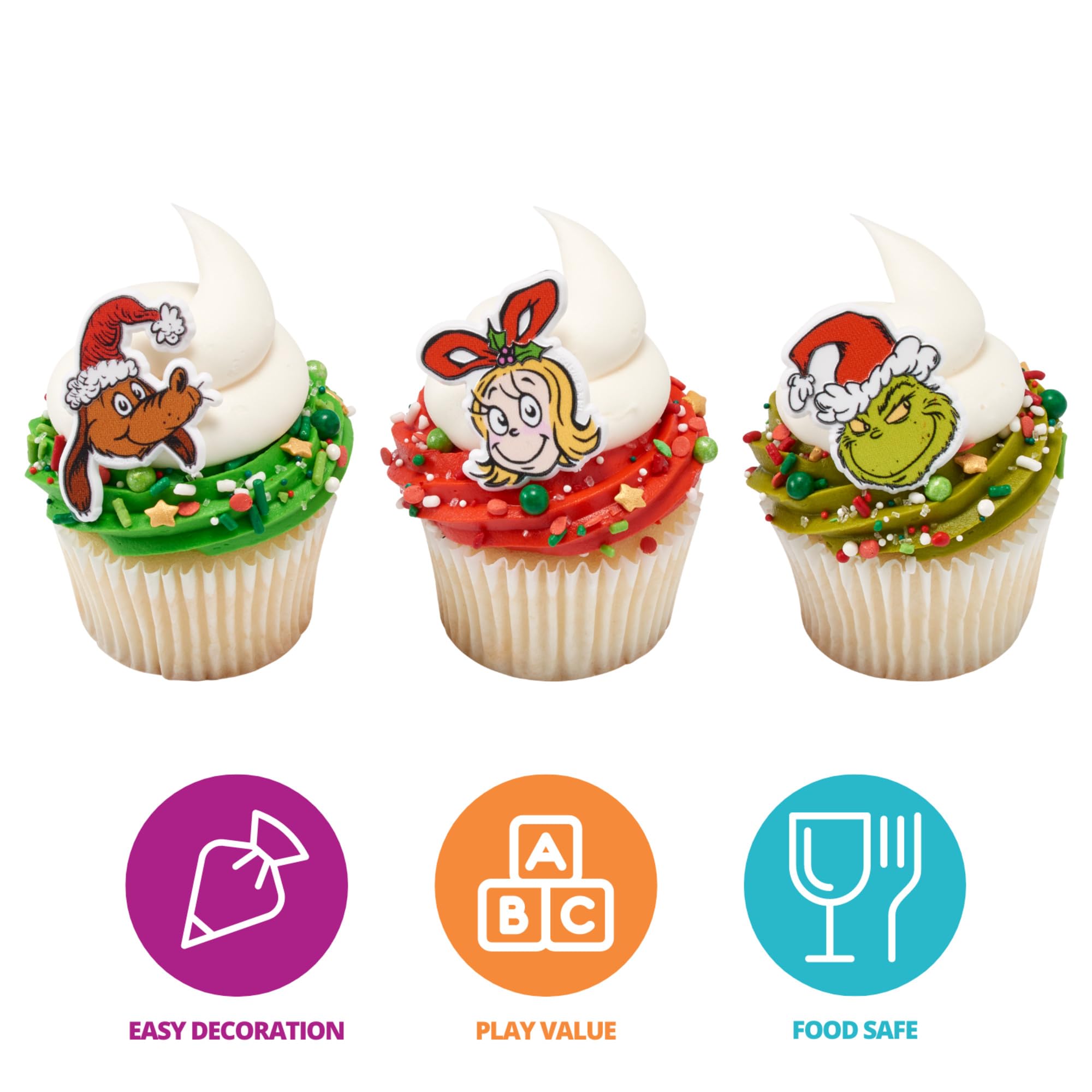 DecoPac How The Grinch Stole Christmas! Rings, Cupcake Decorations With Cindy Lou Who, The Grinch, Max, Christmas Cake Toppers, Food Safe Festive Cupcake Toppers – 24 Pack