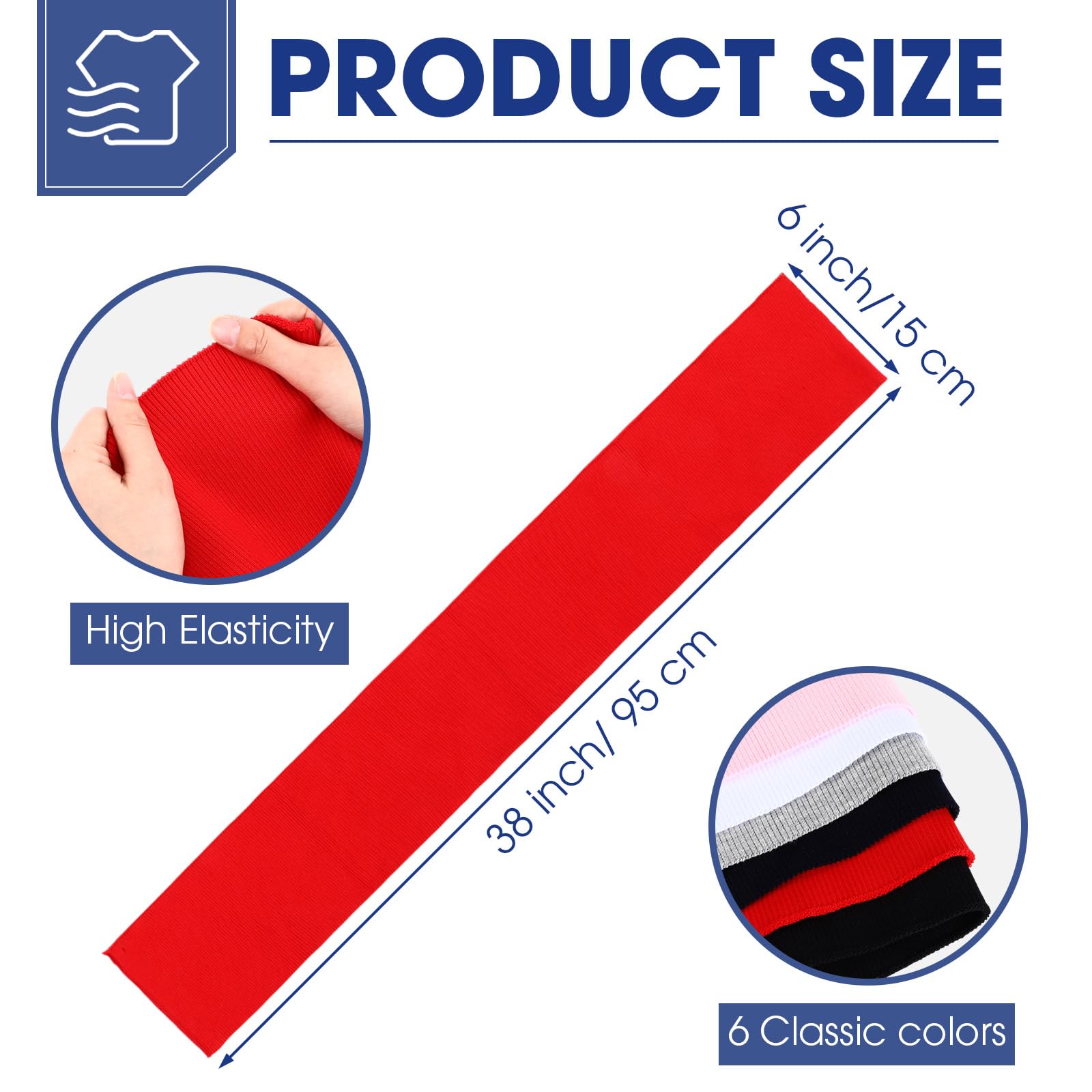 Fanfanwin 6 Pcs Classic Ribbing Fabric for Cuffs, Waistbands & Collars, Cotton, Spandex (95%, 5%), Casual, 6 Colors: Red, Pink, Black, Gray, White, Navy, 38 x 6 Inches - Image 2