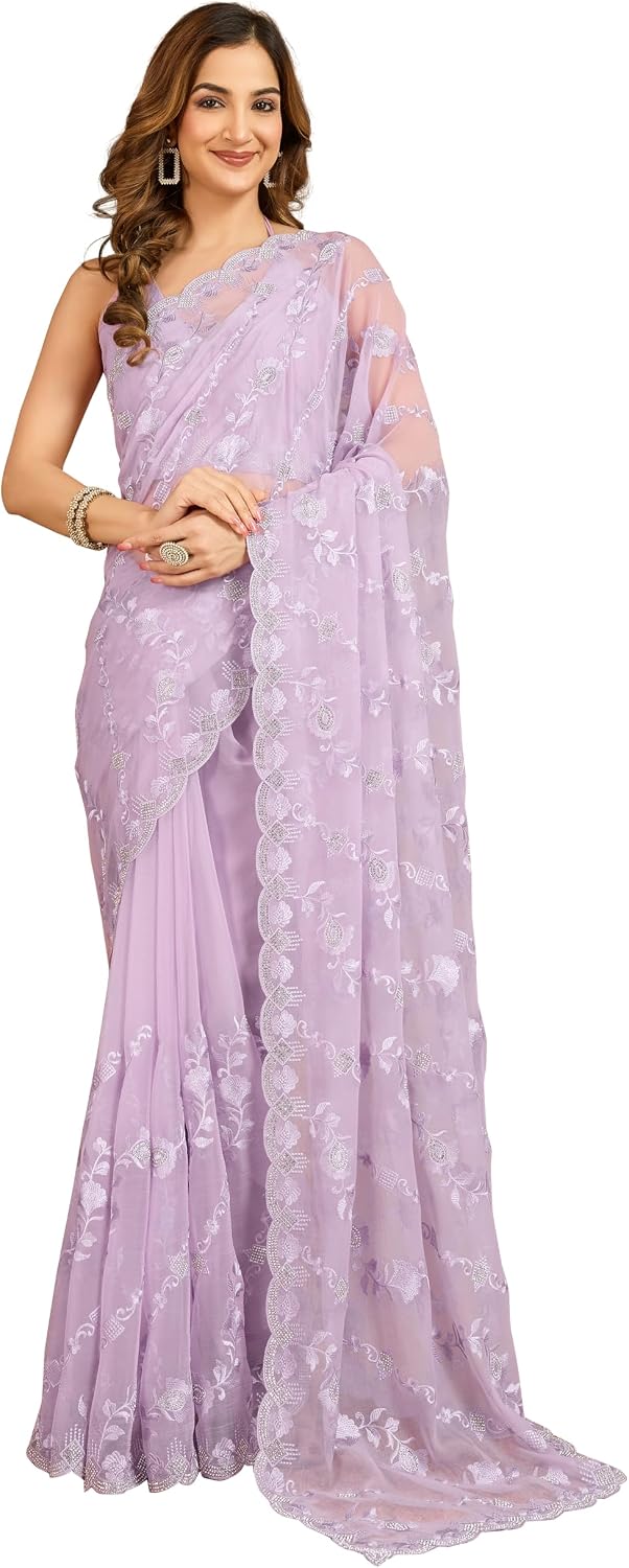 TRENDMALLS Women's Chiffon Embroidery Zarkan Work Saree with Unstitched Blouse Piece (K1240-LightPurple)