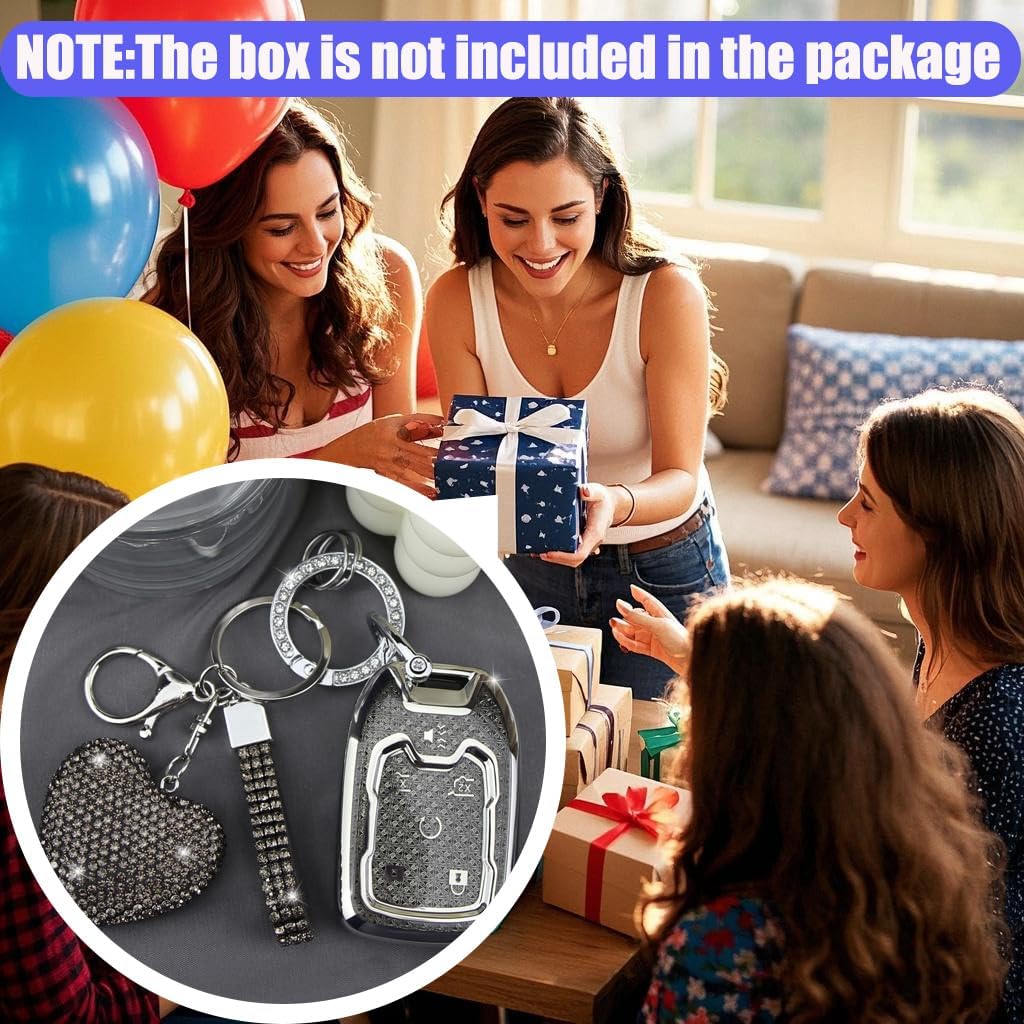 Key Fob Cover with Diamond Keychain Compatible with Chevy GMC Yukon/Yukon XL Car Key Holder Compatible with Chevrolet Terrain Acadia Sierra Suburban Tahoe for Women, 6 Buttons (Black-Heart)