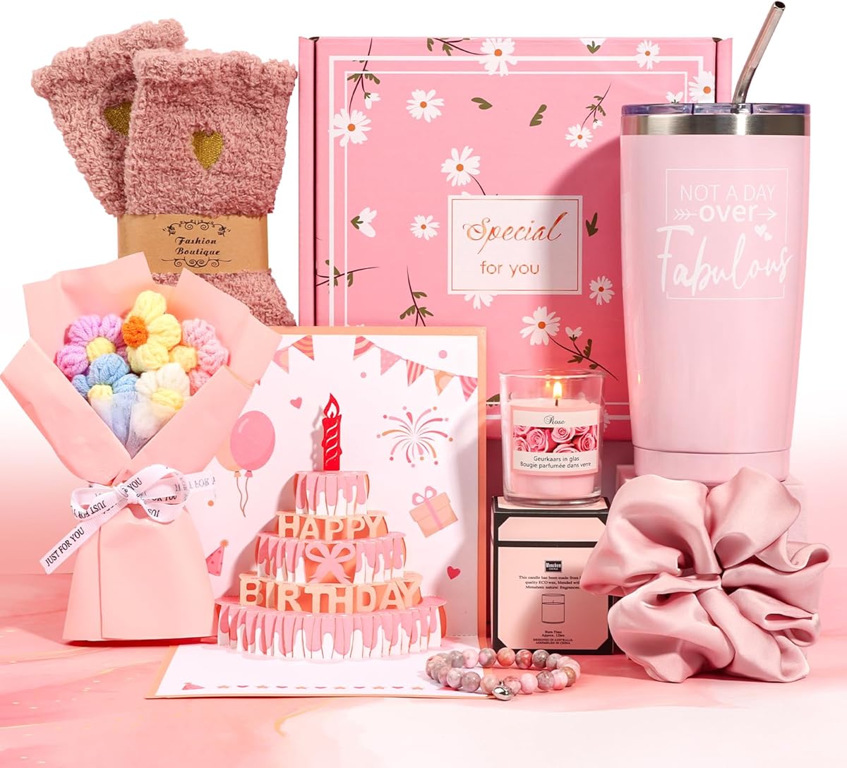 Birthday Gifts for Women Friendship, Pink Relaxing Spa Gifts Basket Set for Women, Self Care Gifts Unique Happy Birthday Gift Idea for Mom Her Best Friends Sister Wife Girlfriend Coworker Teacher (Pink)