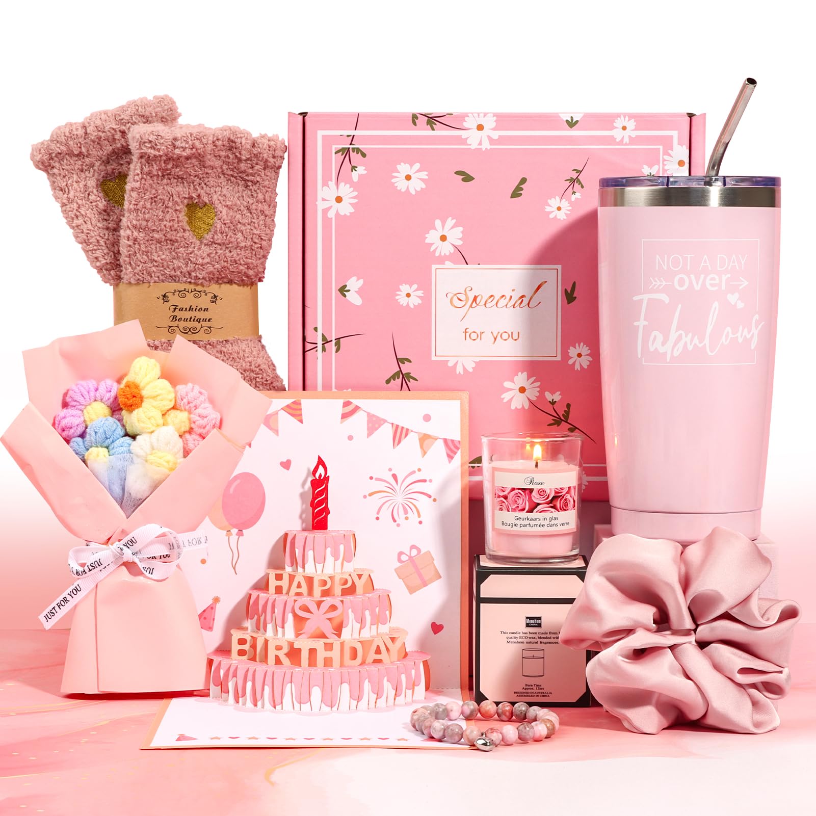 Birthday Gifts for Women Friendship, Pink Relaxing Spa Gifts Basket Set for Women, Self Care Gifts Unique Happy Birthday Gift Idea for Mom Her Best Friends Sister Wife Girlfriend Coworker Teacher (Pink)