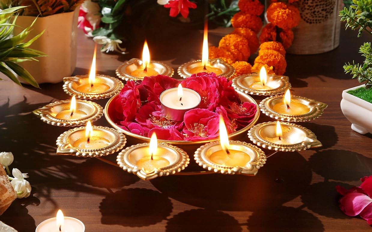 Diya Shape Iron Flower Decorative Urli for Home | Handcrafted | Golden | Decorative Metal Diya Traditional Golden Bowl Table Decor Gift (Diya URLI Bowl 12 INCHES 10 Diya)