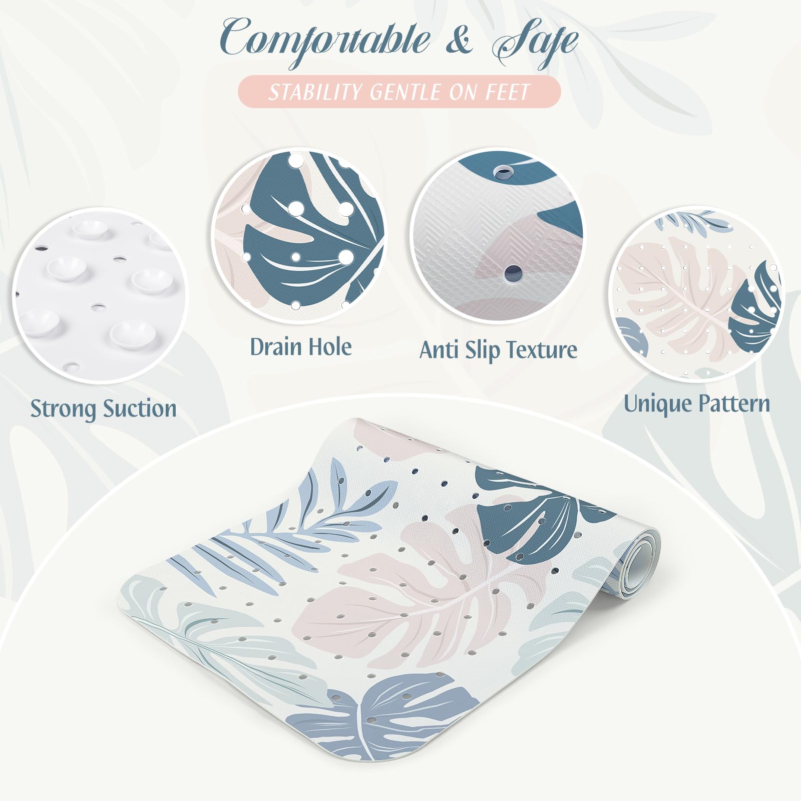 SHUCHING Boho Leaves Bath Mat Non Slip Anti Mould, 100 X 40 cm Extra Long Bathtub Mat Anti Slip - Image 3