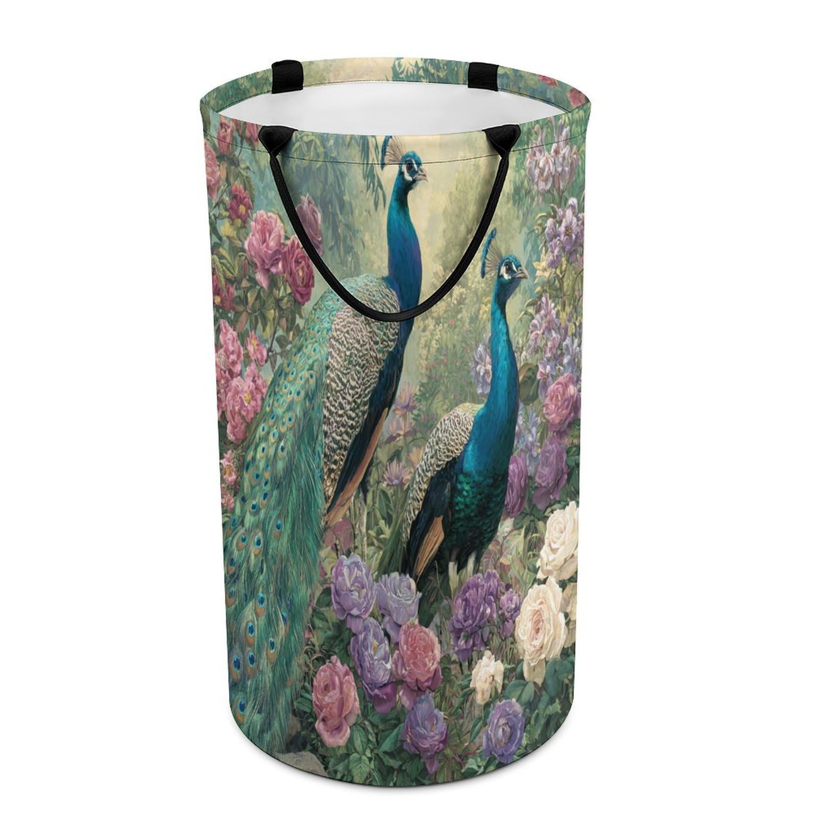 LUYYSKY Beautiful Abstract Elegant Peacock Versatile Storage Laundry Basket, Realistic Watercolor Spring Rose Floral Animal Peacock Large Capacity Bathroom Hamper With Handle
