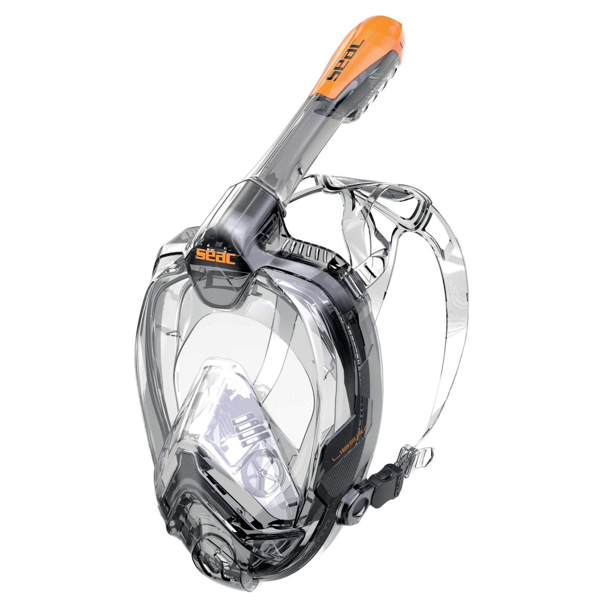 Seac Libera, New Generation Integrated Snorkeling Mask, Hypoallergenic Silicone, Quick Release, 4 Sizes, black/orange, S/M