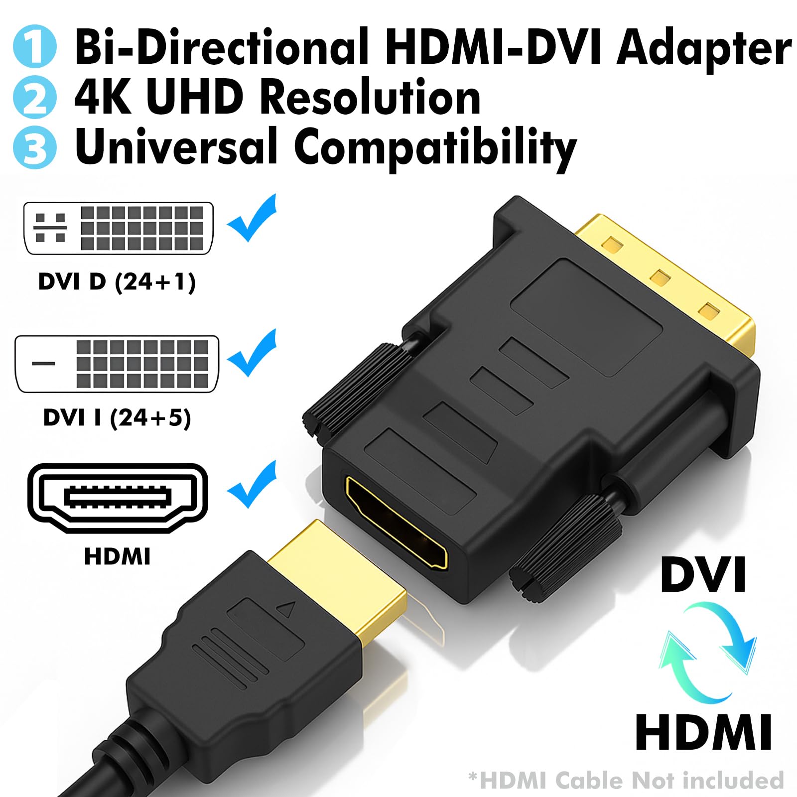 Cyberguys! DVI zu HDMI Adapter, 2er Pack - Bidirektionaler DVI-D Stecker auf HDMI Buchse Konverter - 4K/30Hz UHD Video Unterstützung für Monitor, HDTV, Projektor, PC, PS4, Laptop - Vergoldete