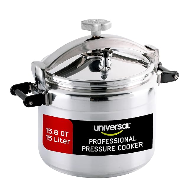 Universal Large 15 8-Quart Aluminum Pressure Cooker for Professional Use Commercial-Grade 1 Safety Valve Reinforced Handles Easy-Open Lid