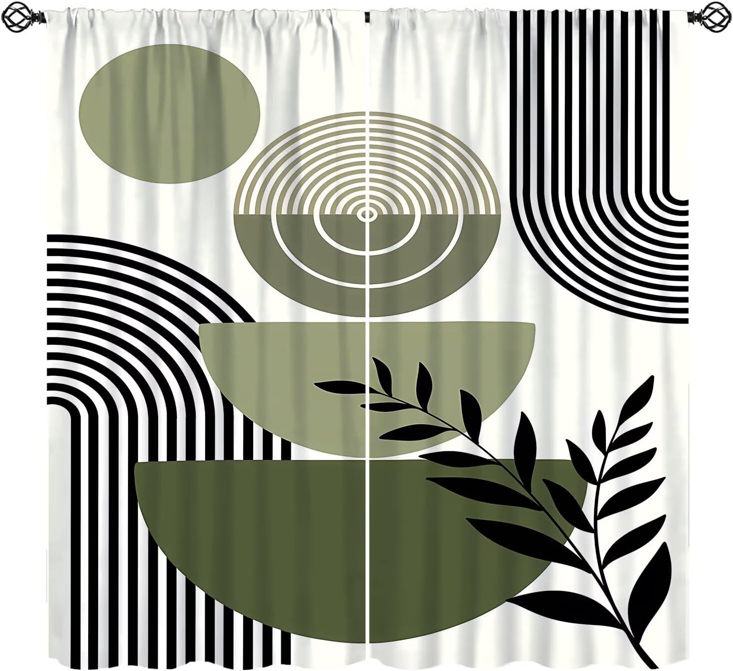 Green Mid Century Boho Curtains,Abstract Leaves Arch Moon Phase Sun Geometric Modern Simple Pattern Blackout Rod Pocket Window Treatmen for Bedroom Living Room Kitchen Drapes 42" W X 45" L