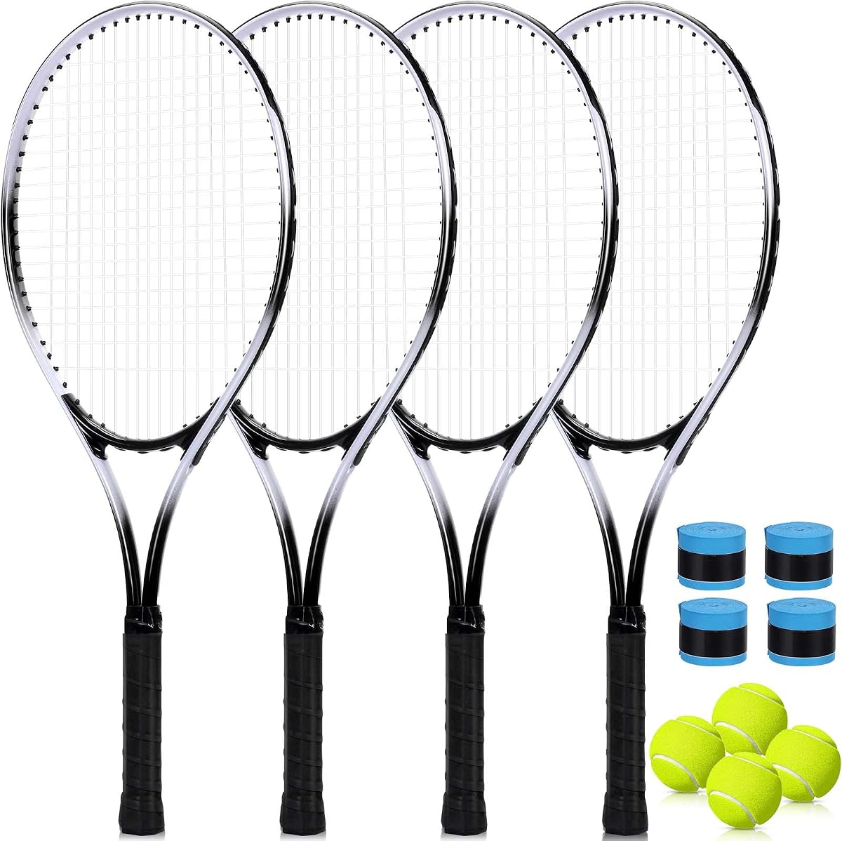 Paquete de 4 raquetas de tenis para adultos recreativas, 4 jugadores, raquetas de tenis preencordadas de 27 pulgadas, raquetas ligeras a granel con bolas, sobregrips para entrenamiento