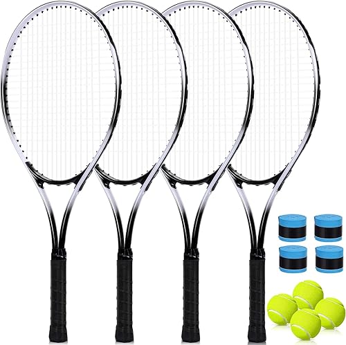 Paquete de 4 raquetas de tenis para adultos, recreativas, para 4 jugadores, raquetas de tenis preencordadas de 27 pulgadas, raquetas de tenis