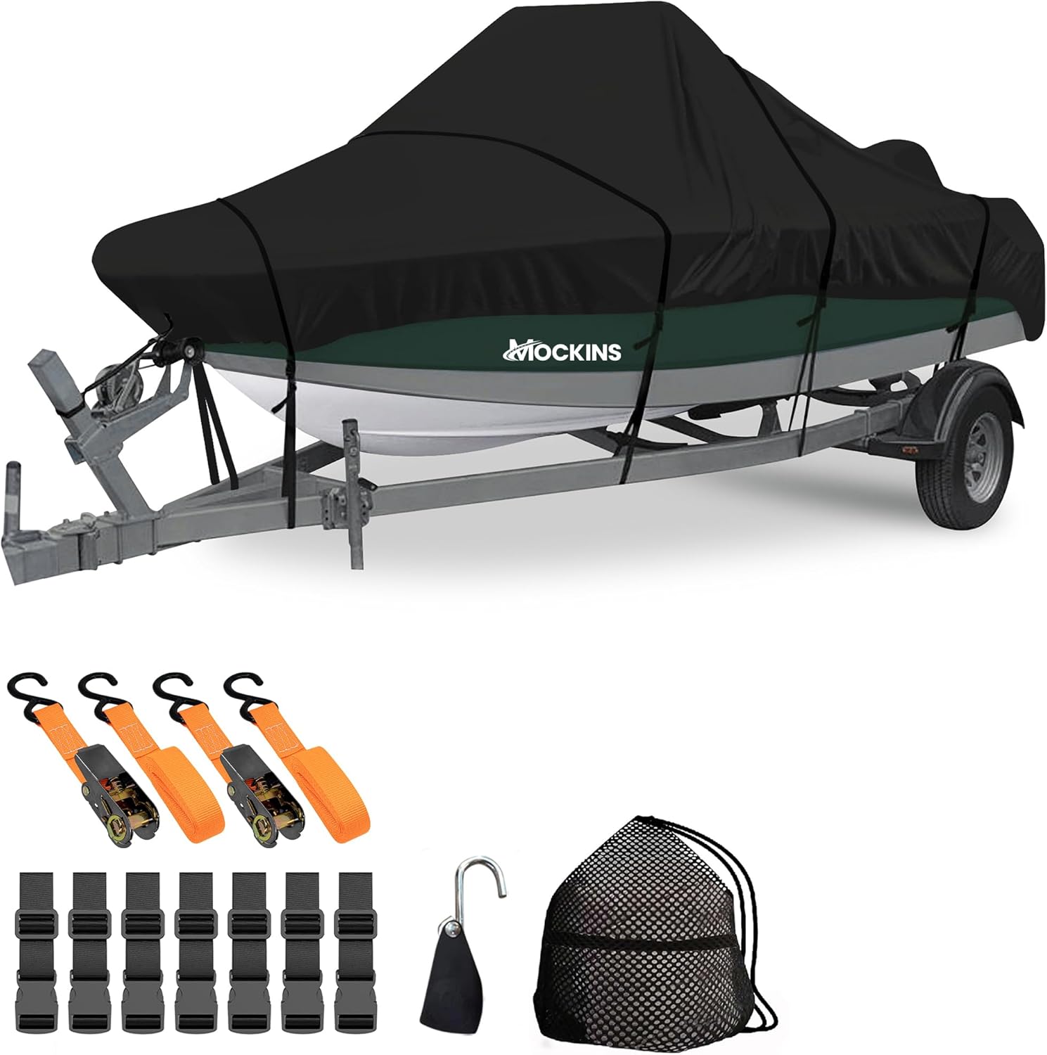 Mockins Large Waterproof Boat Cover 20-22 Ft | Trailerable All-Weather 600D Polyester Oxford Boat Tarp with 100" Beam Width | Fits Bass, Fishing & Runabout Boats | Includes Tie-Down Straps & Ratchets