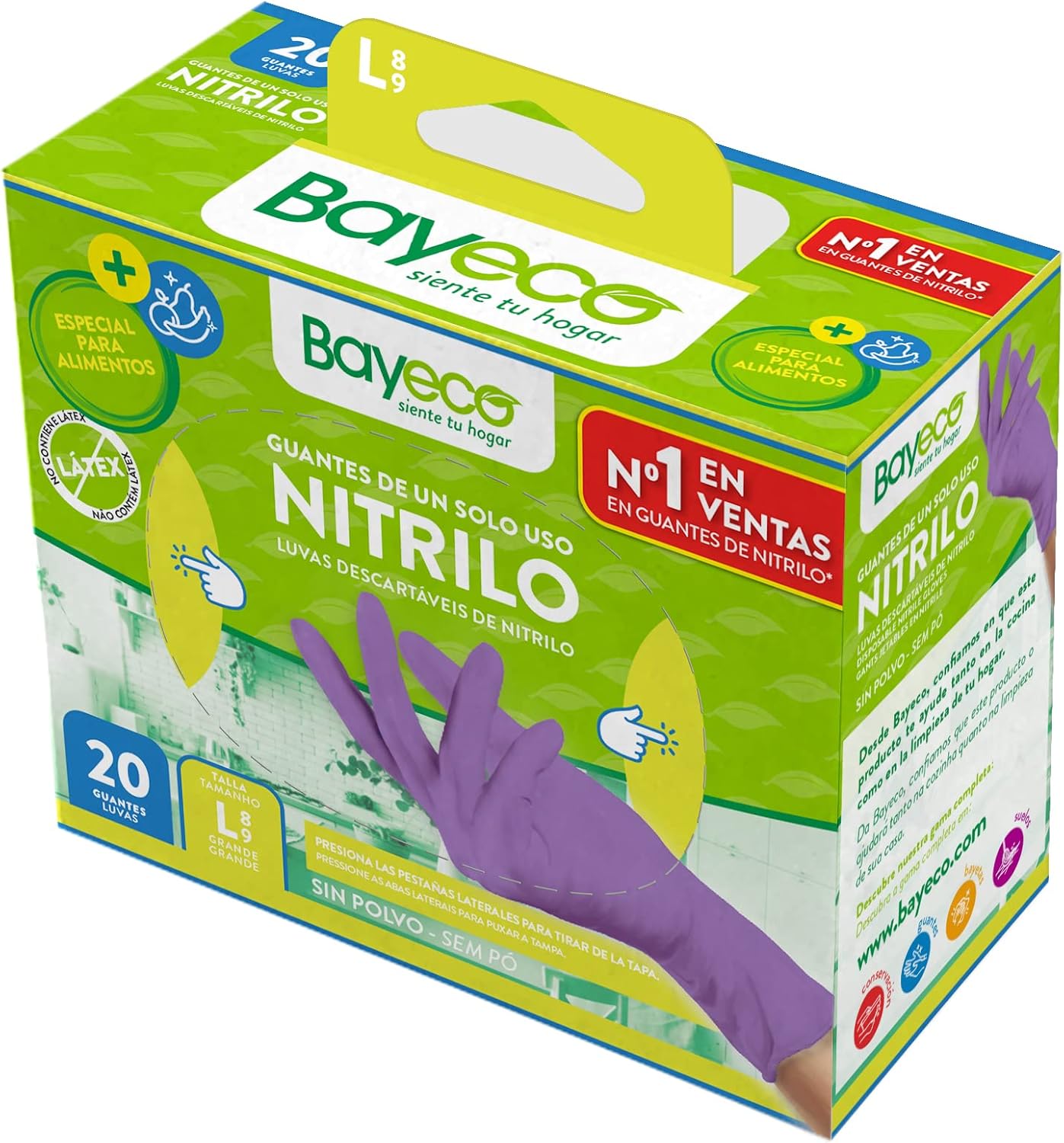 Bayeco - Guantes nitrilo de un solo uso - Color Morado - Ambidiestros - Sin Polvo ni latex - Dedos texturizados para mejor agarre - Pack dispensador de 20 unidades - Talla L