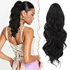 BARSDAR Drawstring Ponytail Extension, 16 Inch Short Wavy Black Hair Extensions for Women - Soft Synthetic Clip in Hairpiece, Fake Pony Tail for Daily Party Halloween