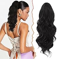 Vista 30 de BARSDAR Extensión de cola de caballo rojo burdeos, extensiones de cabello ondulado con cordón de 16 pulgadas para mujer, extensiones de cabello