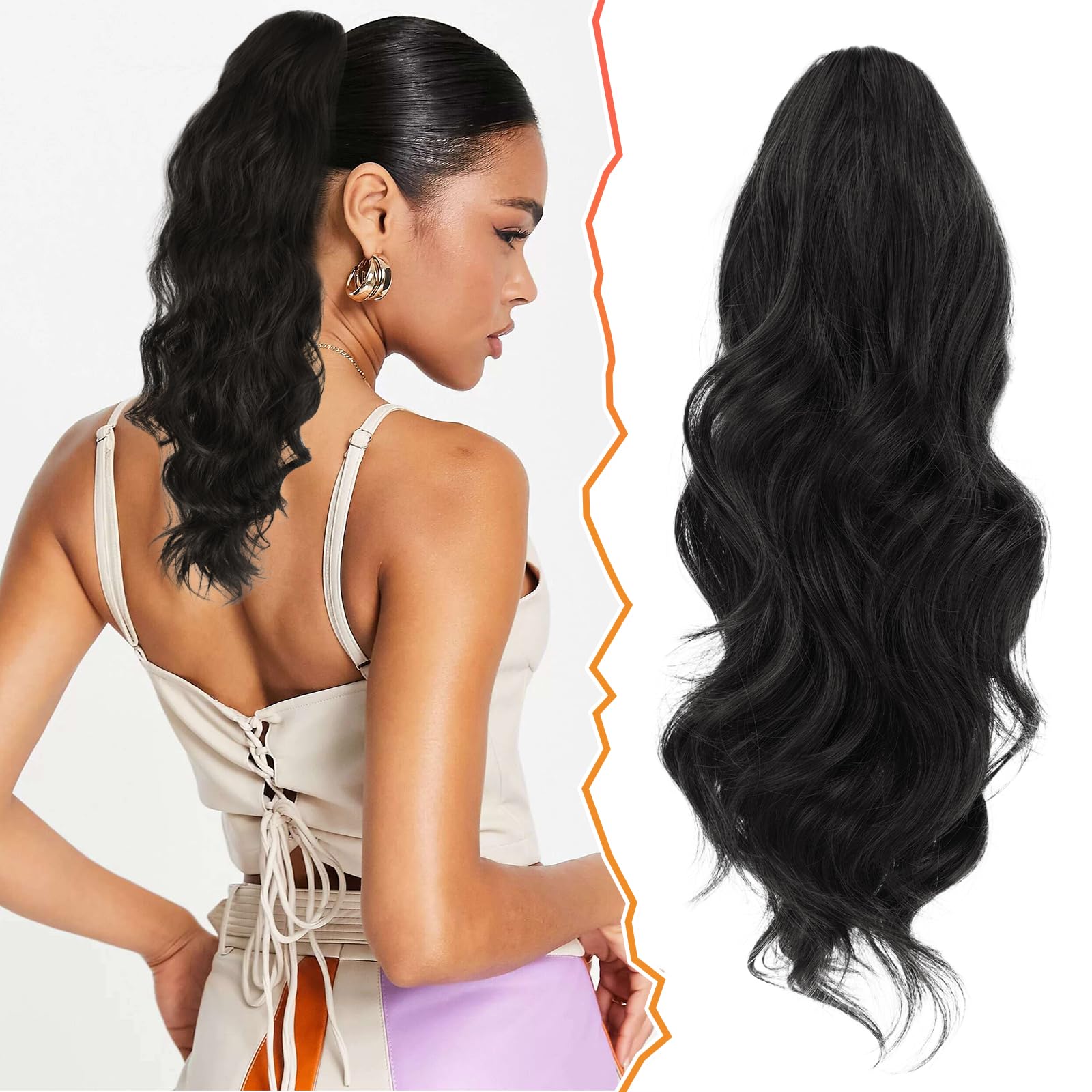 BARSDAR Drawstring Ponytail Extension, 16 Inch Short Wavy Black Hair Extensions for Women - Soft Synthetic Clip in Hairpiece, Fake Pony Tail for Daily