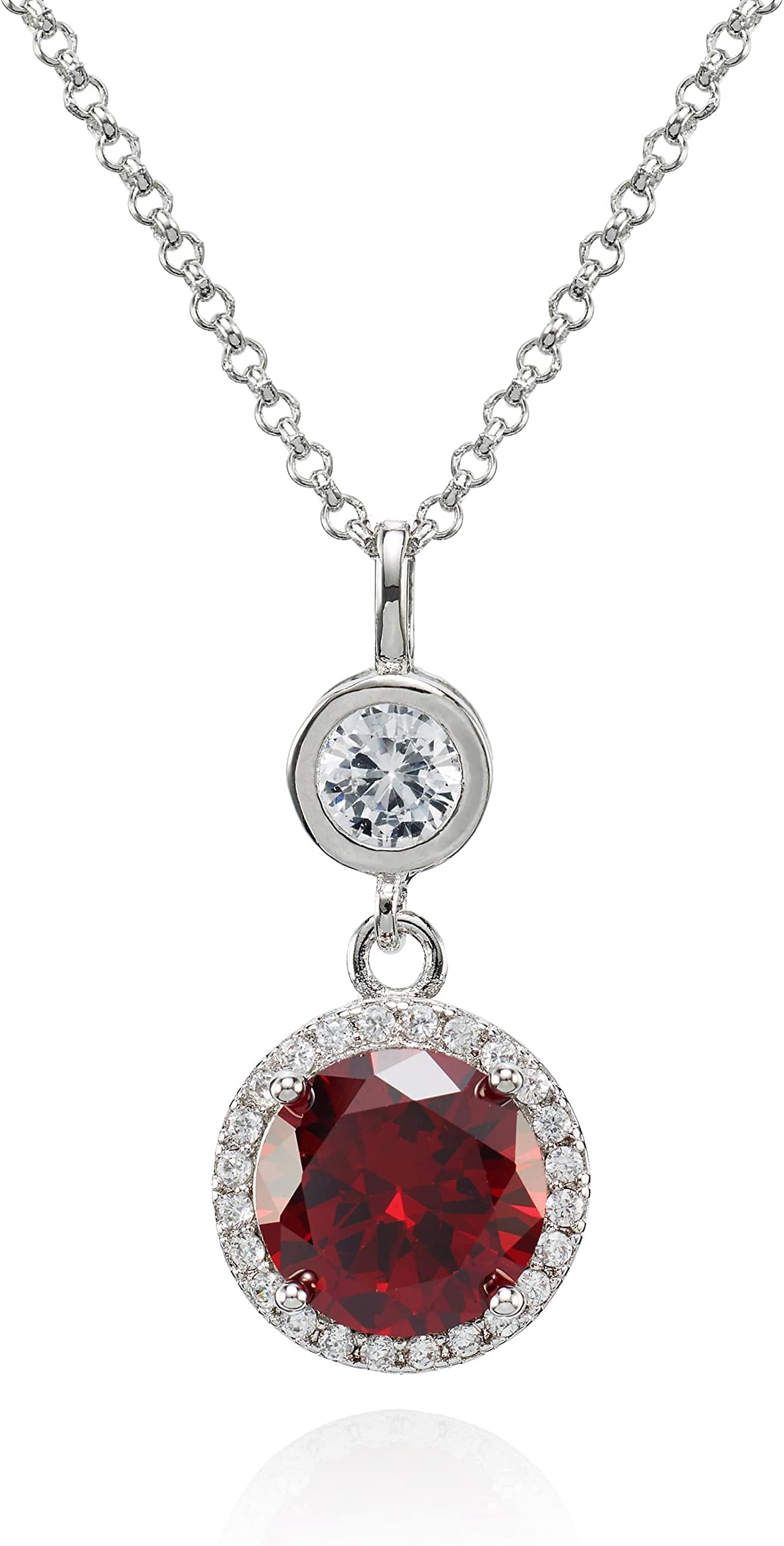 namanaElegant Pendant Necklace. Ruby Red or Sapphire Blue CZ Round Gemstones Double Drop Necklace. Fine Silver Coloured Rhodium Plated Adjustable Length Chain Necklace with Gift Box.