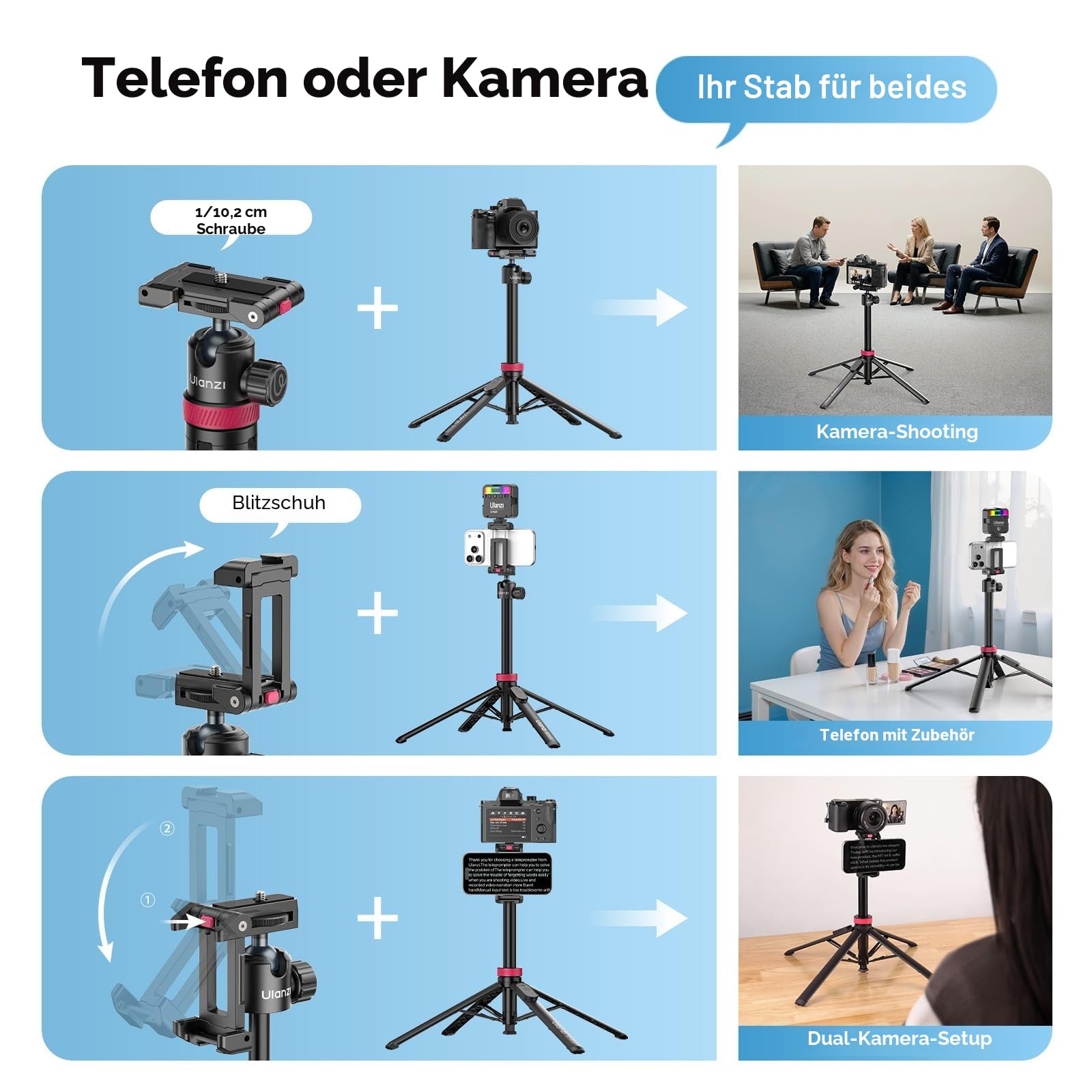 ULANZI MT-44 B [2026 Aktualisierte] Auto Pop Open Handy Kamera Stativ, Automatisch öffnen Vierbeinständer, Selfie Stick Bluetooth 150cm, Kompakt Reisestativ 360° Kugelkopf für DSLR Samsung iPhone