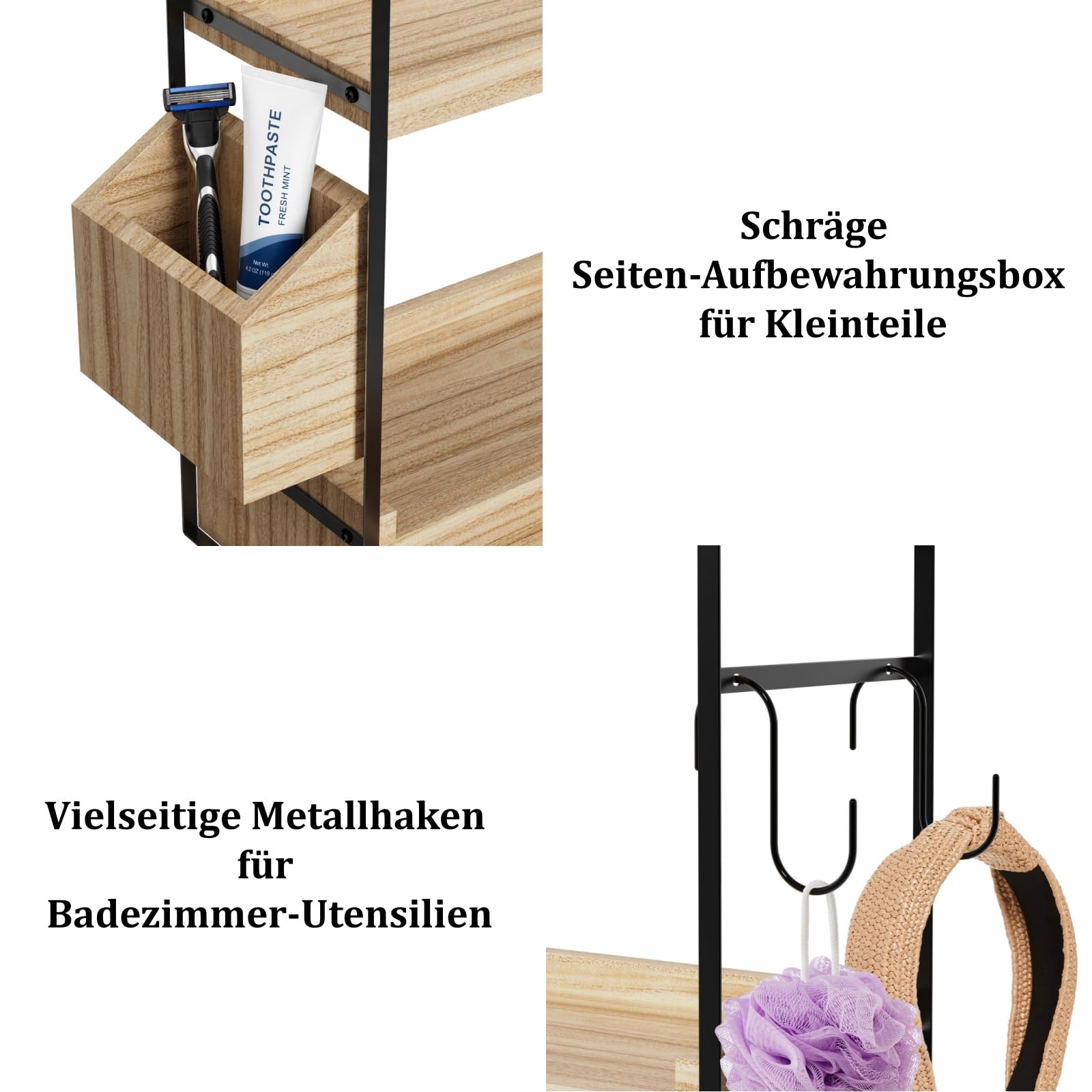 Organizer da bagno con cassetto e cesto, scaffale da bagno a 2 livelli in legno per lavabo, toeletta e cucina, scaffale da tavolo impermeabile con ganci, stabile struttura in metallo, 33 x 17
