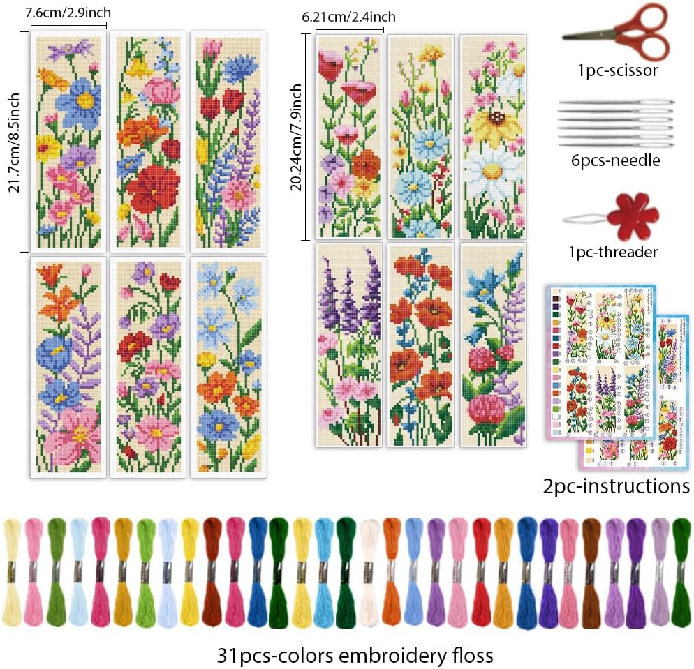 INFUNLY 12pcs Flower Cross Stitch Bookmark Kit for Beginners DIY Wildflowers Stamped Embroidery Bookmark Kits Floral Needlepoint Kit with Instruction Plant Easy Cross Stitch Set for Book Lovers Reader
