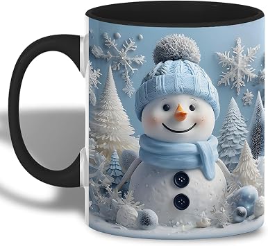 Christmas Snowman Ceramic Mug Cute Blue Snowman with Winter Trees and Snowflakes, 11oz Coffee Cup, Holiday Cocoa Mug, Festive Gift for Kids, Family, Friends, Table Decor Black
