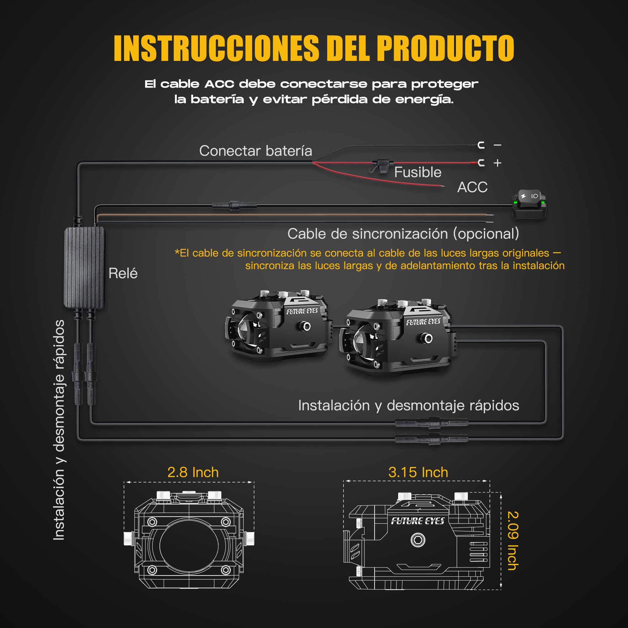 Future Eyes Faros Antiniebla para Moto LED, Luces Auxiliares Ajustables 360°, Impermeable IP67, Luces Todoterreno para Conducción Nocturna, Luz Larga y Corta Ámbar/Blanco, Compatible con ATV y UTV