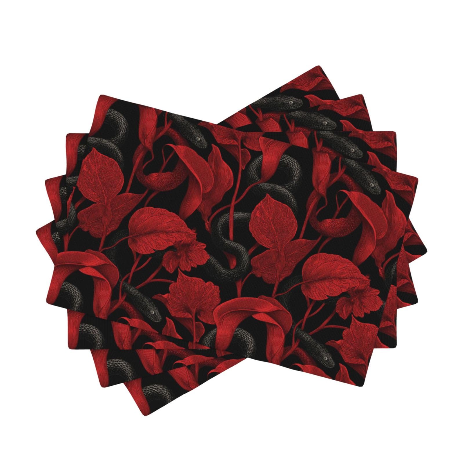 Set de table imprimé serpent noir et fleurs rouges en faux lin (lot de 4, 30x45 cm)