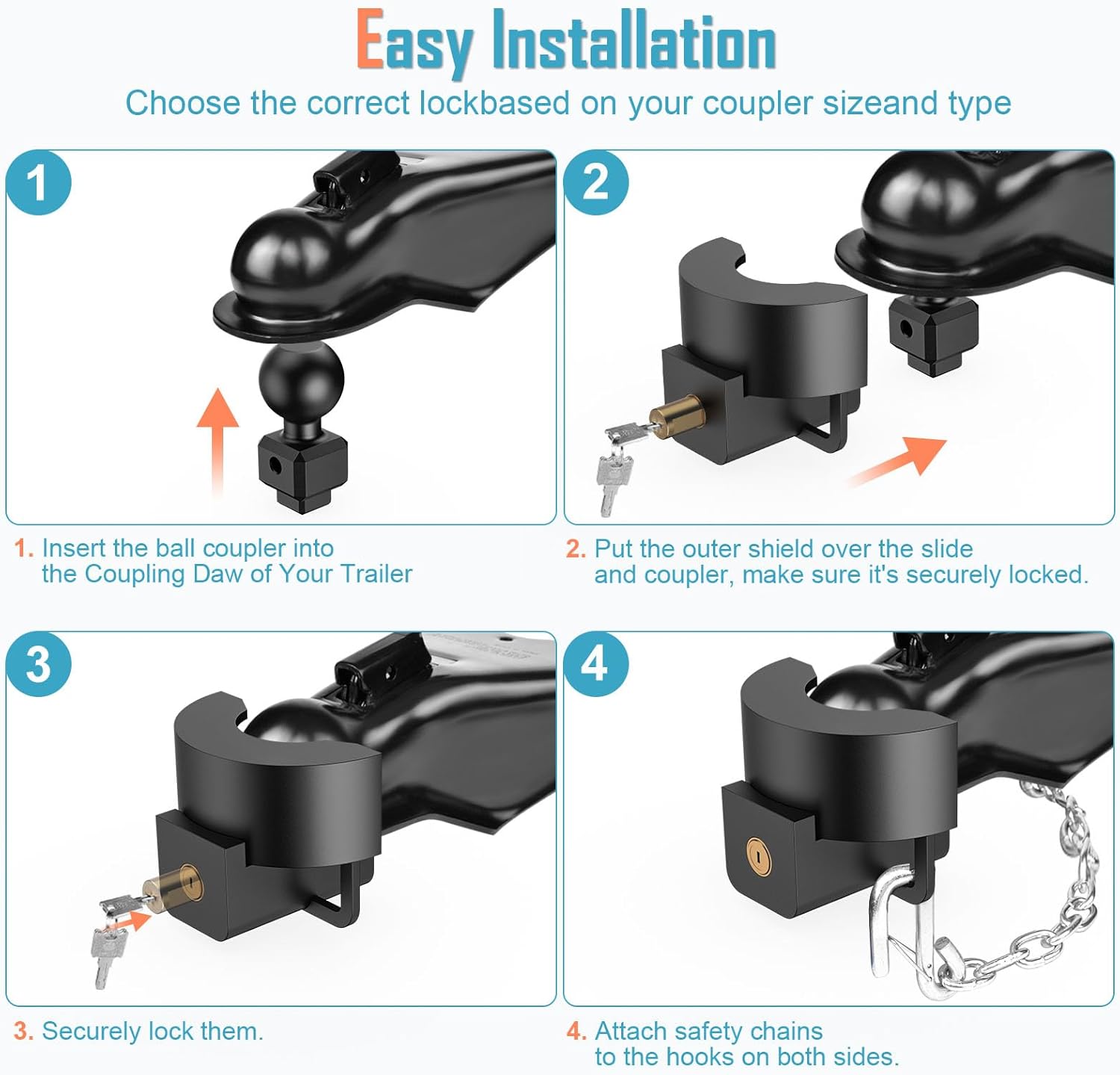 Trailer Lock Fits 2 Inch Ball Couplers, NenNicht 2025 Upgrade Anti Theft Heavy-Duty Steel Trailer Coupler Locks with Secures Safety Chains, Camper Accessories for Travel Trailers Boats Trucks Rvs