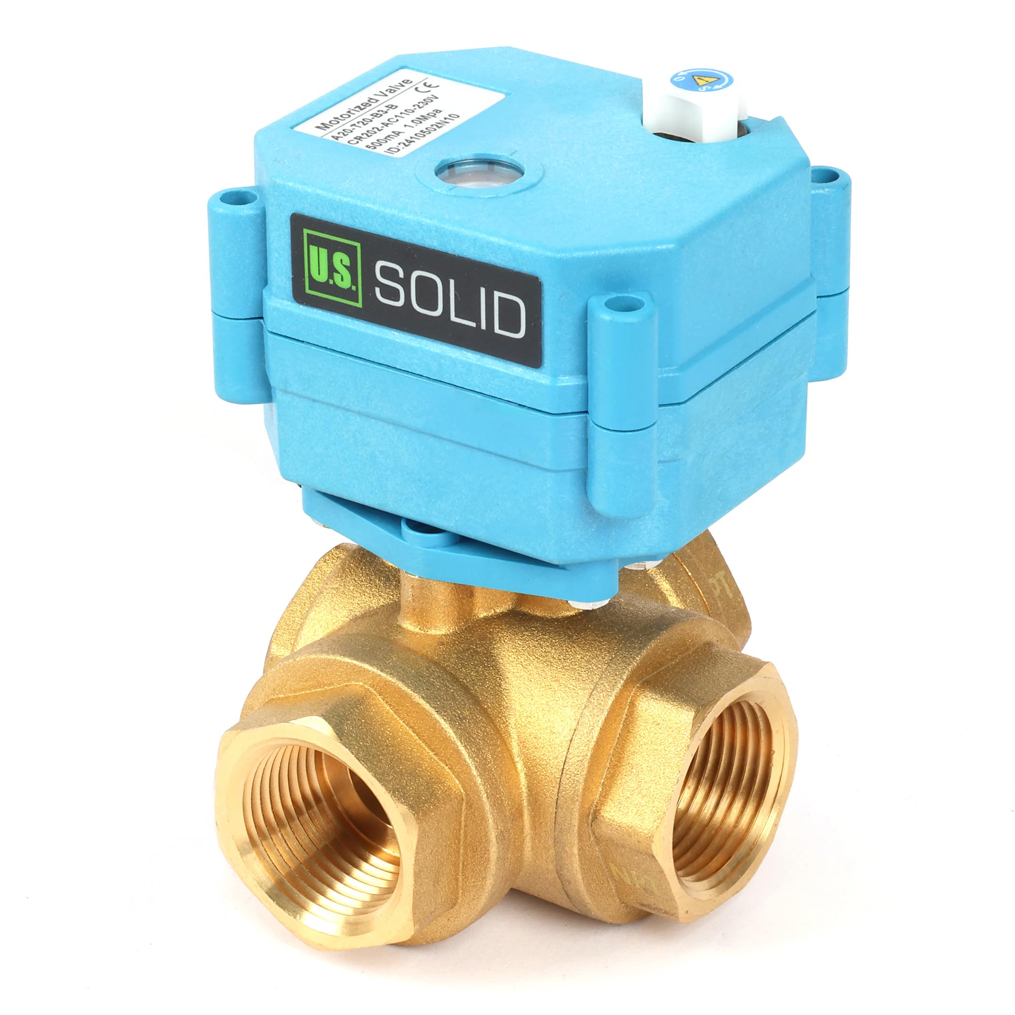 U.S. Solid Vanne 3 voies motorisée laiton – 3/4", 110-230 V CA, type T, électrique de zone avec fonction manuelle, robinet d'arrêt d'eau, port standard
