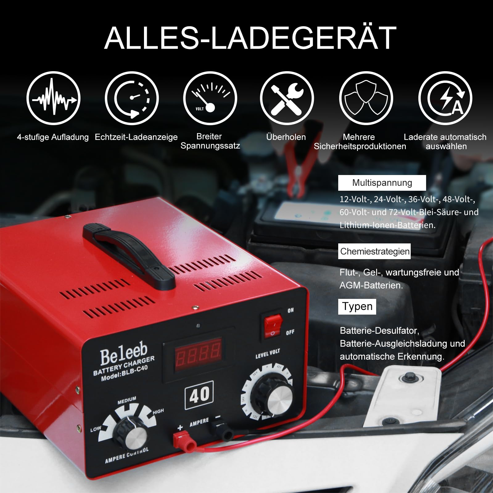 Hugoome Beleeb Serie C40 Batterieladegerät Autobatterie Ladegerät 12V 24V 36V 48V 60V 72V, Impulse von Hochspannungsbatterie-Desulfator-Erhaltungsmitteln für Blei-Säure-Lithium-Ionen-Batterien