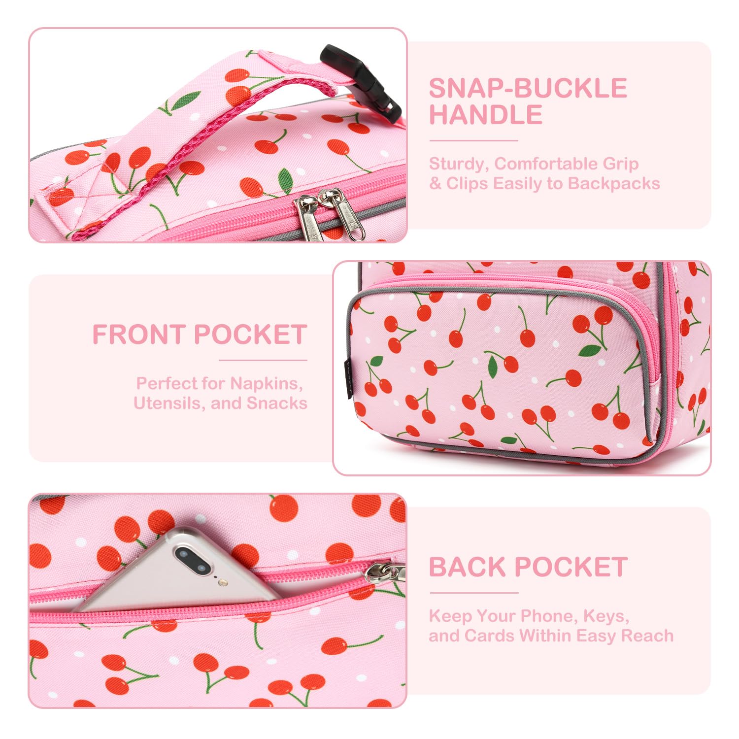 Sac à déjeuner isotherme souple pour enfants, sac isotherme pour la rentrée scolaire, sac fourre-tout pour filles, garçons (cerise)