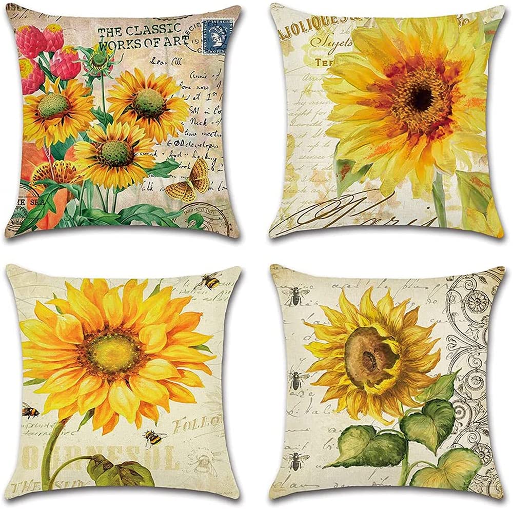 ELECDON Throw Pillow Covers, Set of 4 Decorative Linen Pillowcase Sunflower Pattern Waterproof Cushion Covers, Perfect to Outdoor Patio Garden Living Room Sofa Farmhouse Decor 18 * 18 Inches