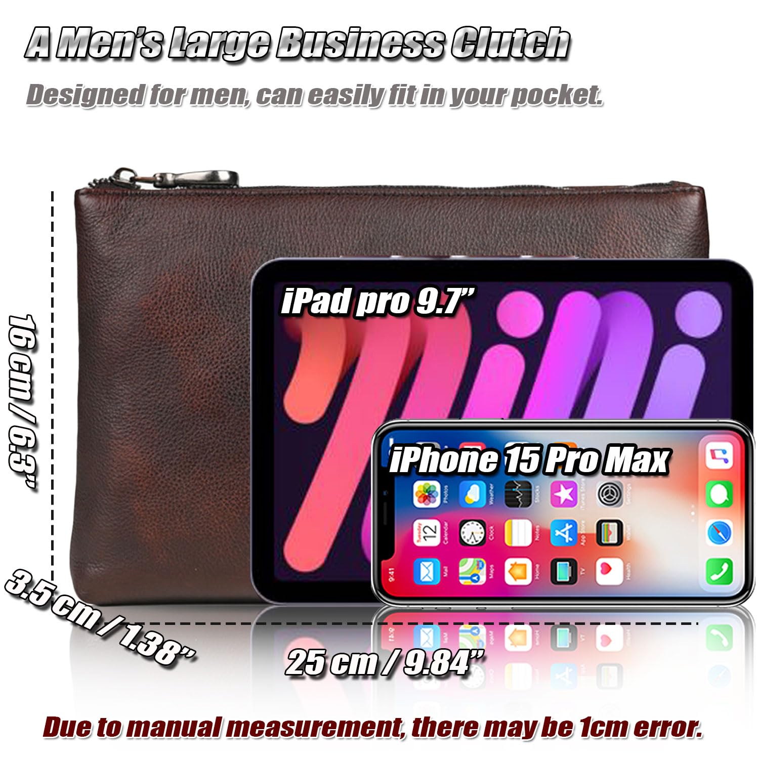 Pochette in Pelle Conciata al Vegetale per Uomo, Borsa a Mano Multiuso per Affari, Borsa da Polso di Lusso, Portafoglio Grande, Clutch per Tablet 9.7 Pollici