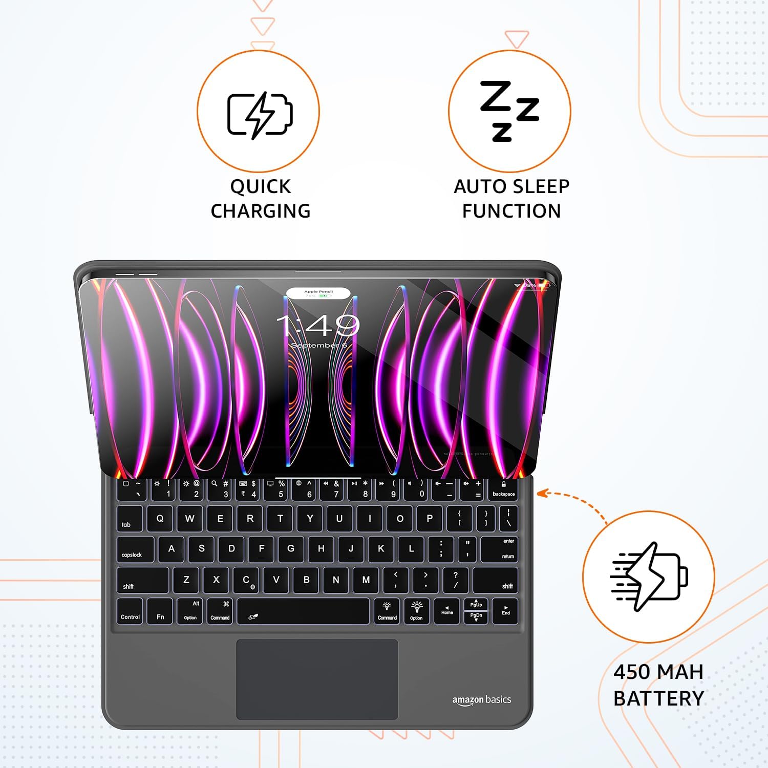 Infographic showing quick charging and auto sleep functions, along with a 450 mAh battery icon.