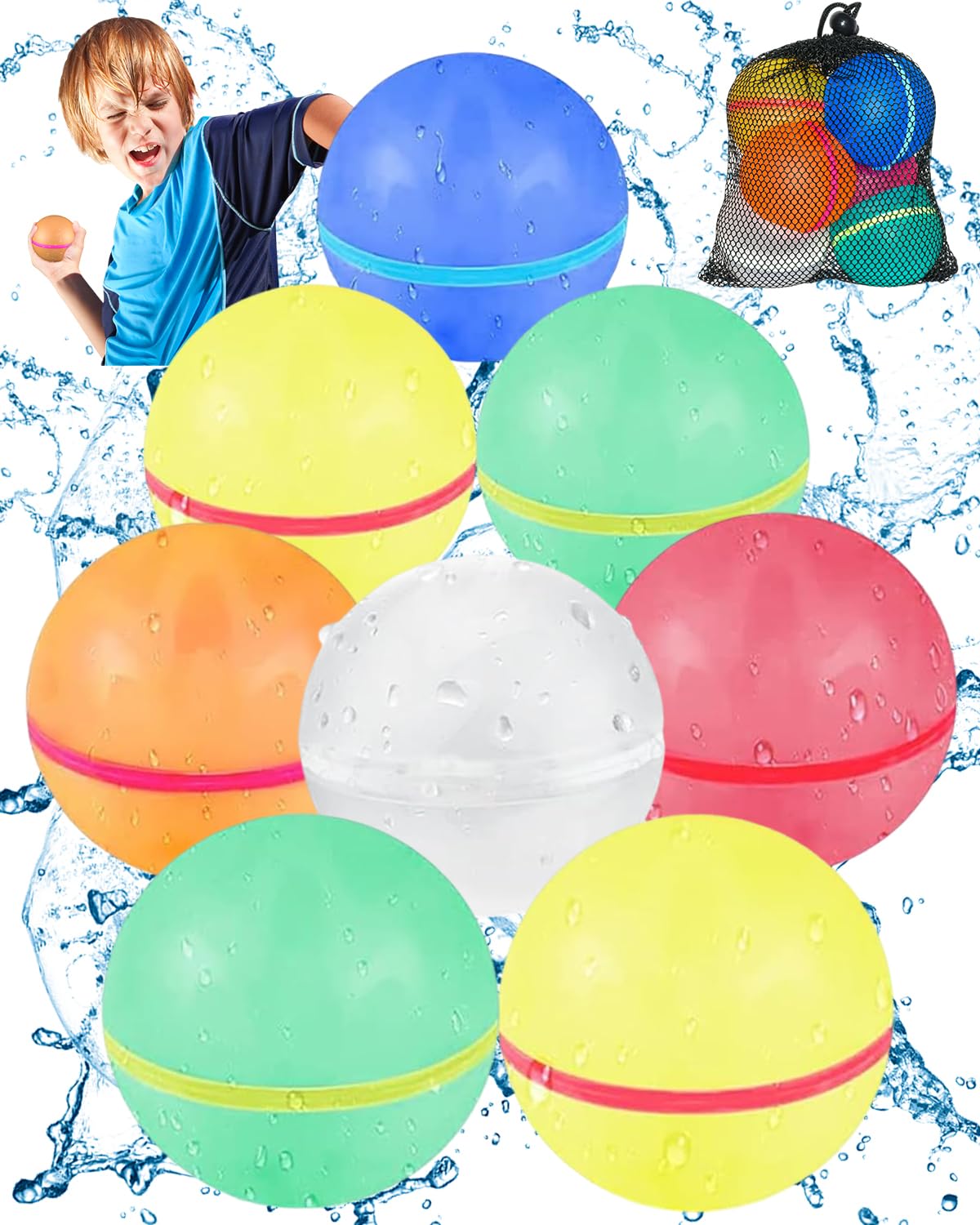 Mnytyel Reusable Water Balloons, Magnetic Self Sealing Quick Fill Water Balloons with Mesh Bag, Silicone Water Bomb For Kids, Summer Toys Swimming Pool Party Supplies Bath Toy Outdoor (8 Pack)
