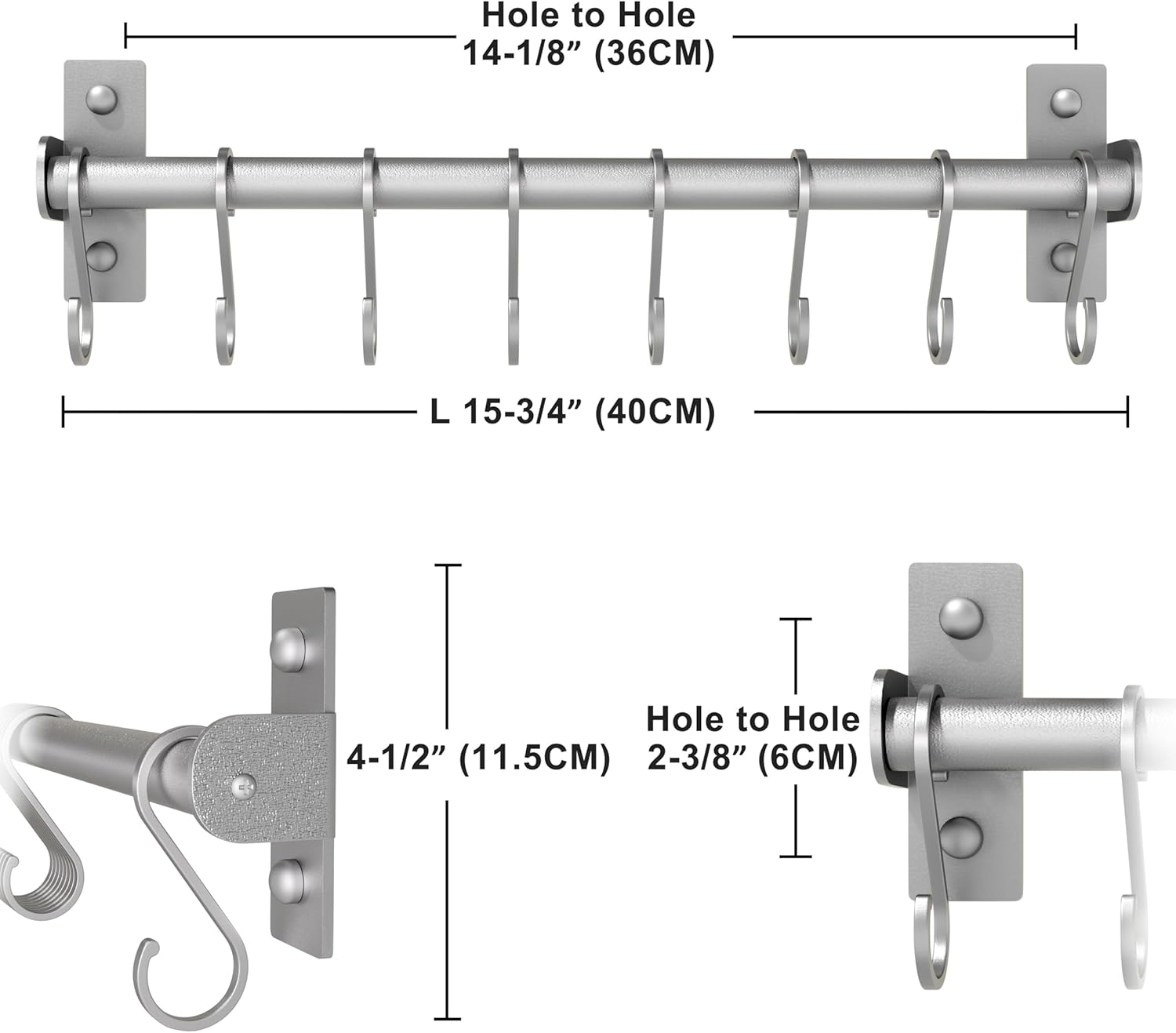 Dseap Kitchen Utensil Holder Hanger, Pot and Pan Rack Wall Mounted, Kitchen Rail with 8 Hooks for Hanging Cooking Utensils, Mugs, Spoons, Wall Mounted, Silver, Pack of 2