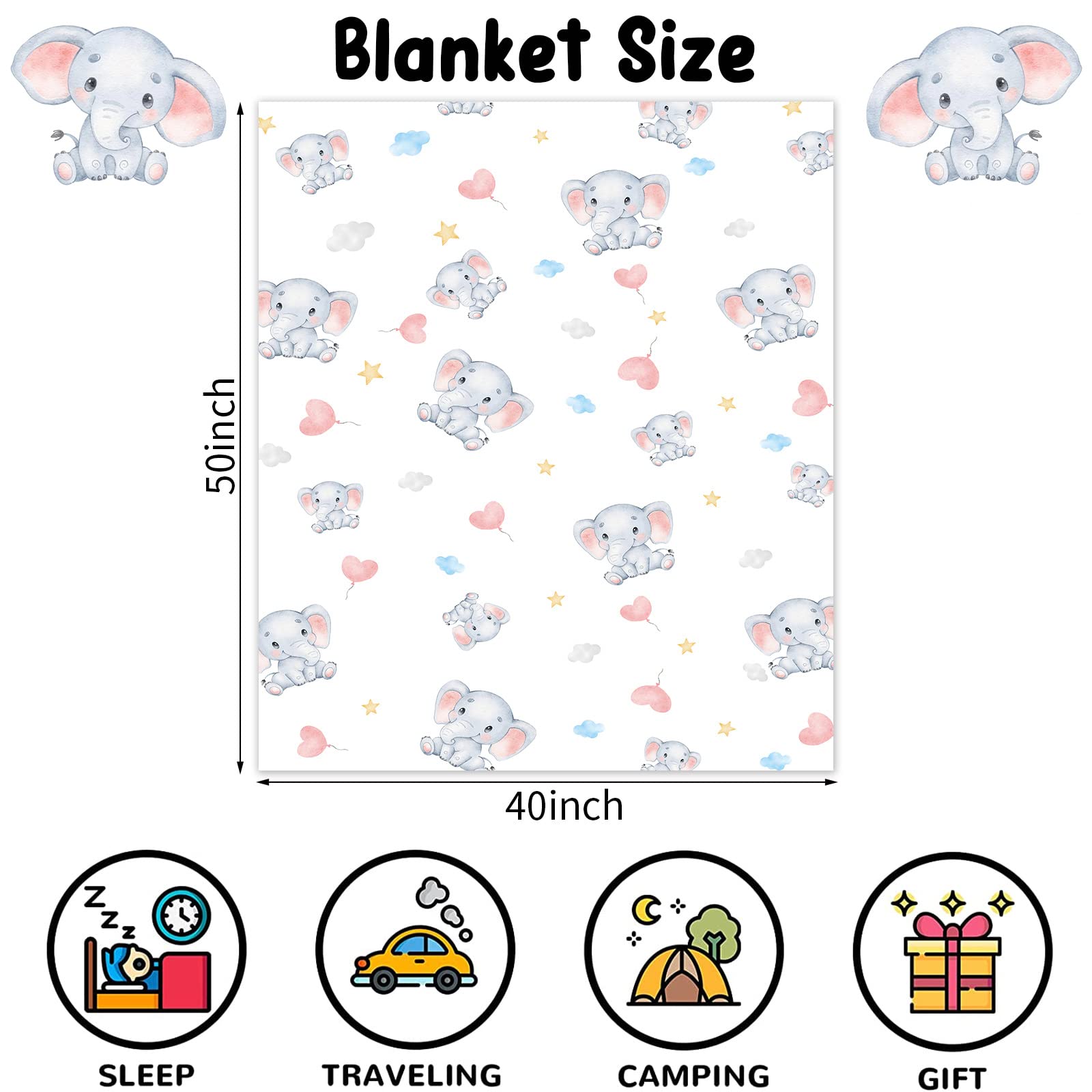 Elephant Throw Blanket for Girls Soft Cute Elephant Plush Flannel Blanket for Toddler Pink Elephant Baby Cozy Fluffy Blanket for Boys Kids Gift Couch Bed Sofa Nursery Decor - Image 2